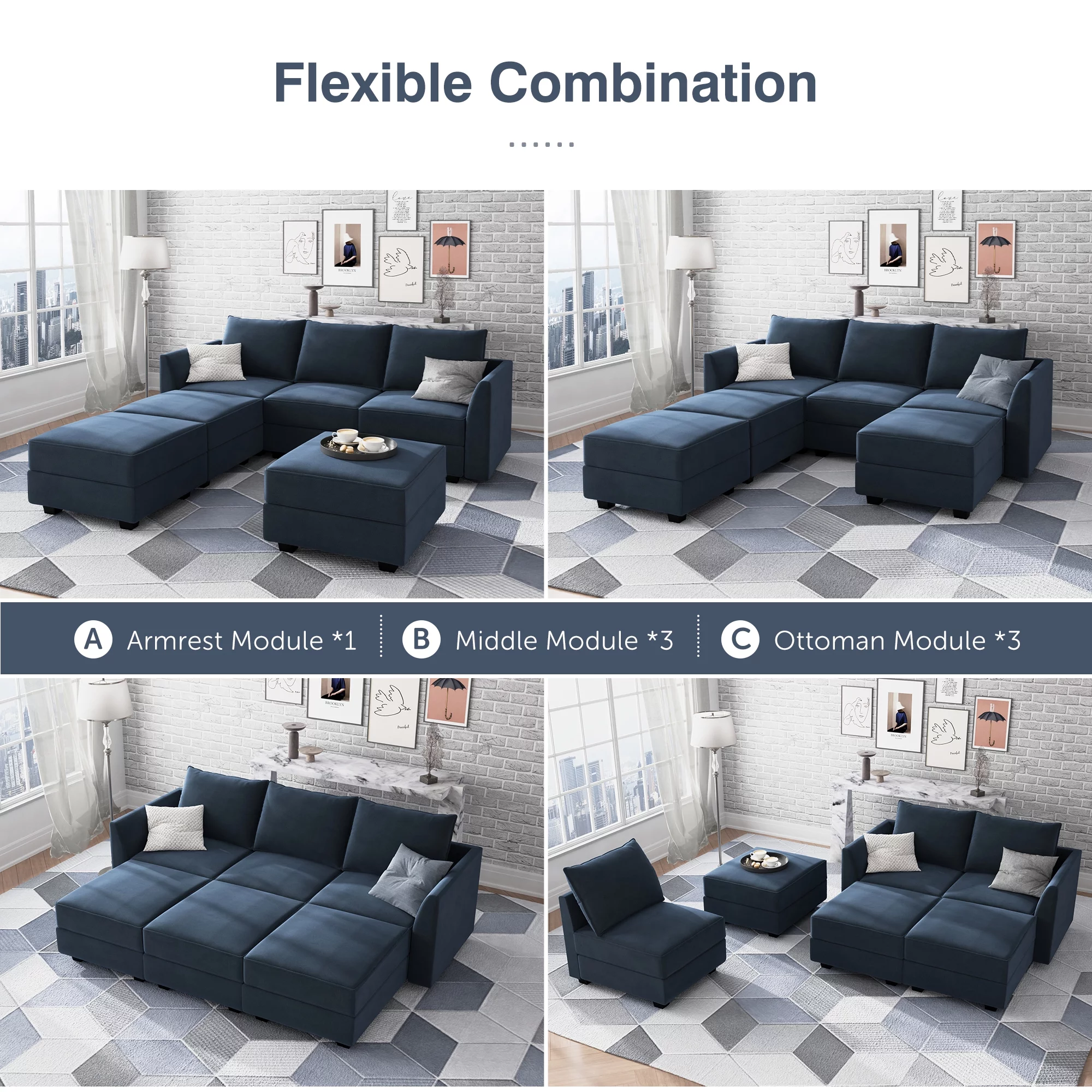 HONBAY Modular Sofa Sectional Sleeper Couch with Ottoman Velvet 6 Seater Sofa with Storage Seat Convertible Sectional Sofa Couch Set for Living Room, Dark Blue