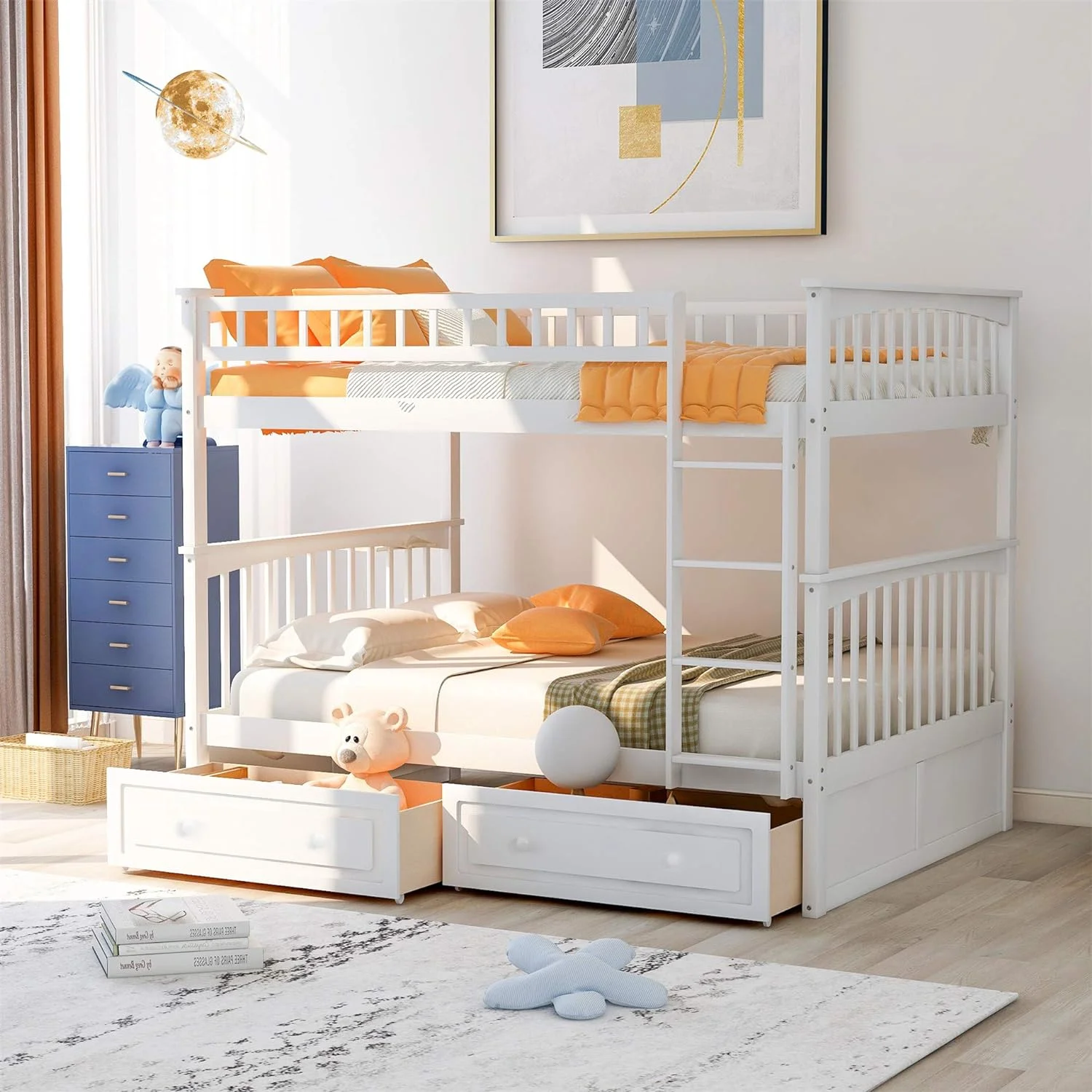 Full Over Full Buk Bed With Drawers, Woode Buk Bed Frame, White
