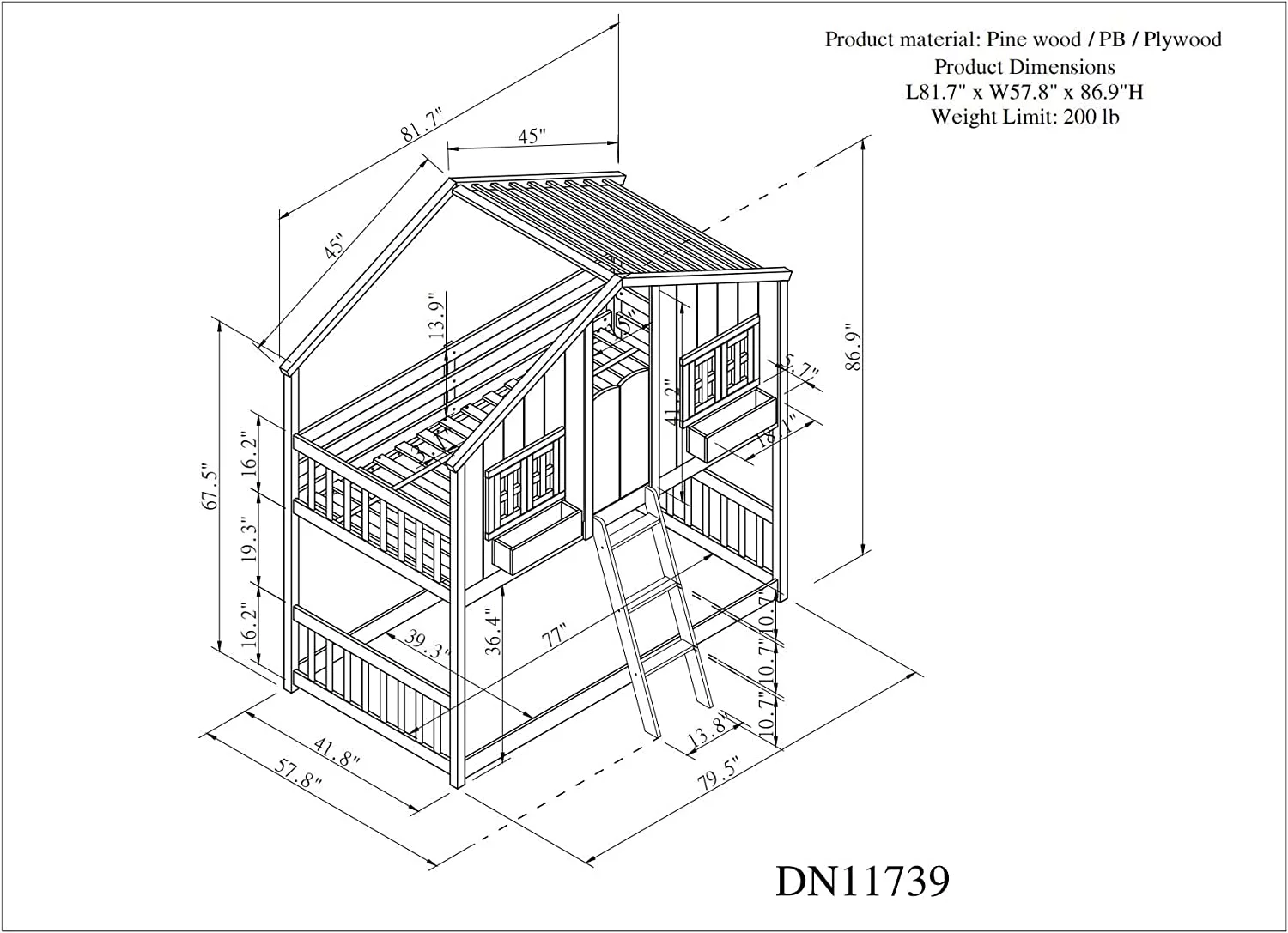 House Buk Bed Over Kids Buk Bed Wood Frame With Roof, Widow, Widow Box, Door, Safety Guardrails Ad Ladder, For Girls Boys ( Size, White)