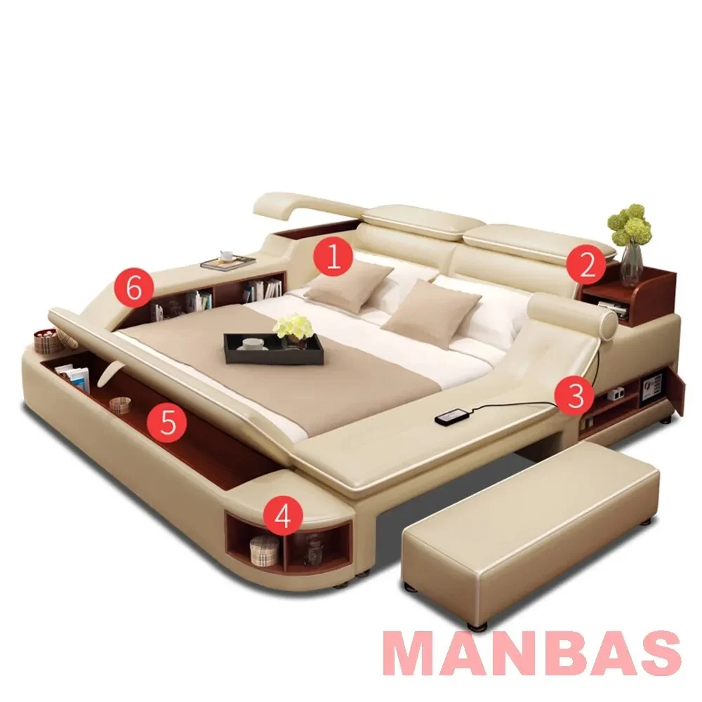 MINGDIBAO Massage Bed - Tech Smart Bed with Multifunctional Bed Frame, Genuine Leather, USB, Bluetooth Speaker and Safe Bedroom