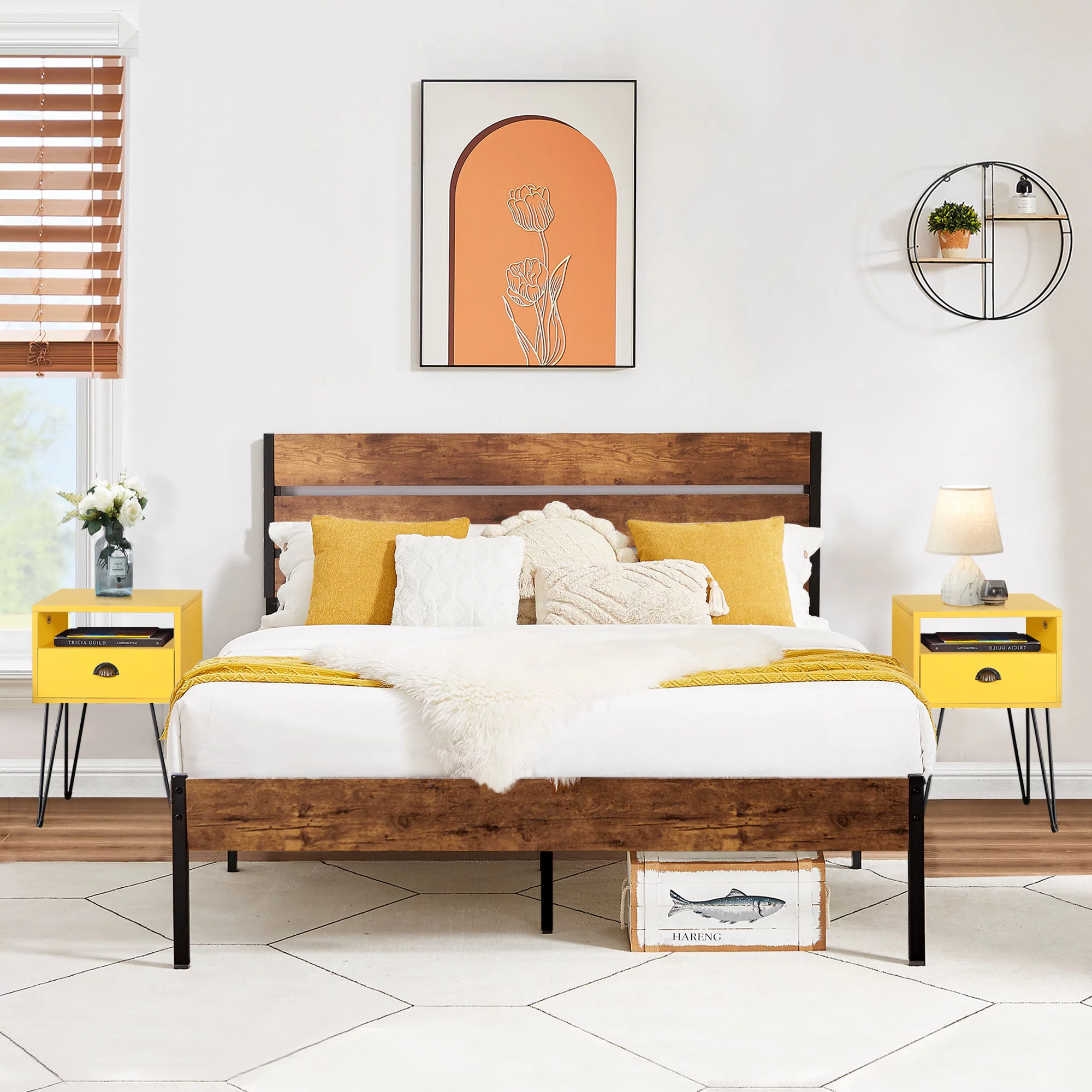 VECELO 3-Piece Bedroom Set Metal Bed Frame with Wooden Headboard and 2 Nightstand, Full Size