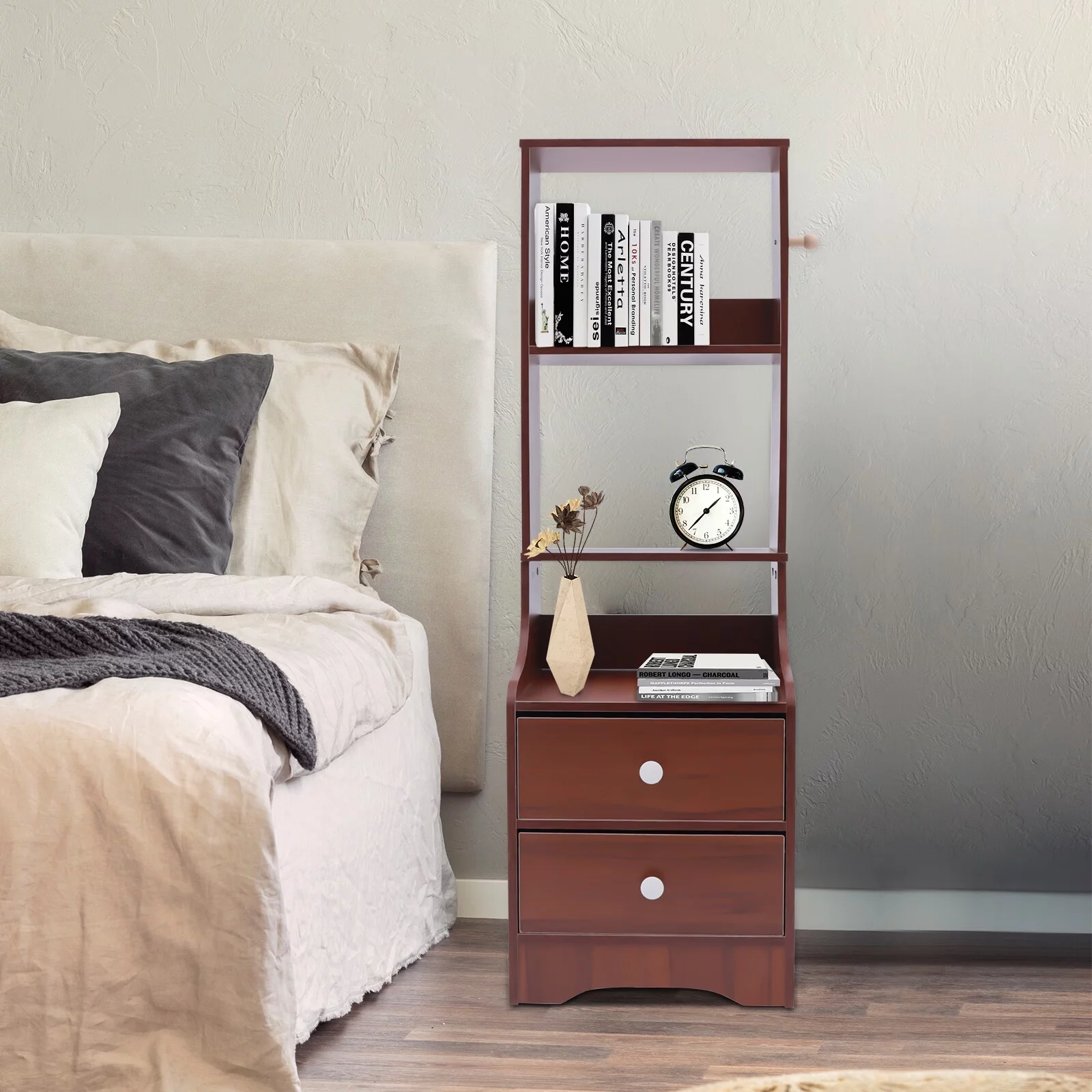 Nightstand Tall Bed End Table Bedside Table with 2 Drawers and Storage Shelf for Bedroom Living Room Antique Sandalwood Color 3 Layer