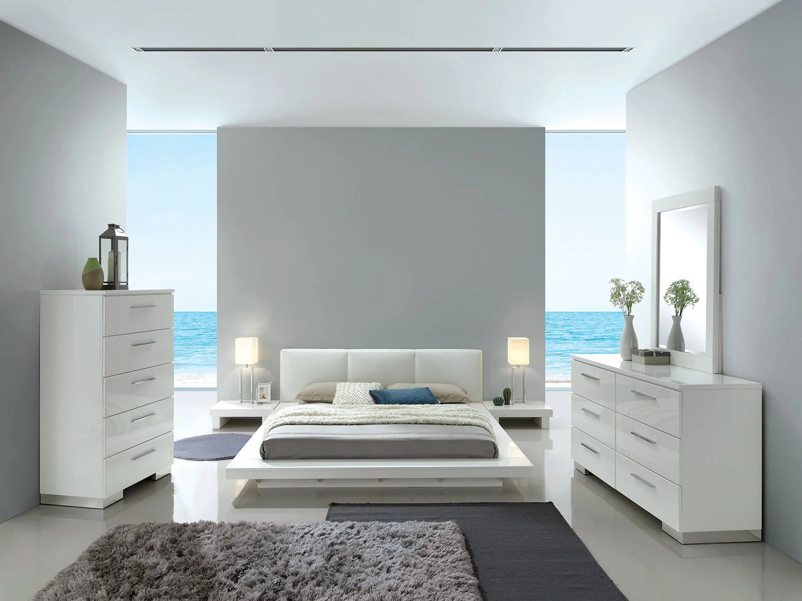 Beautiful Bedroom White Color High Gloss Lacquer Coating Queen Size Bed Dresser Mirror Nightstand Lovely 4pc Set Low profile Bedframe
