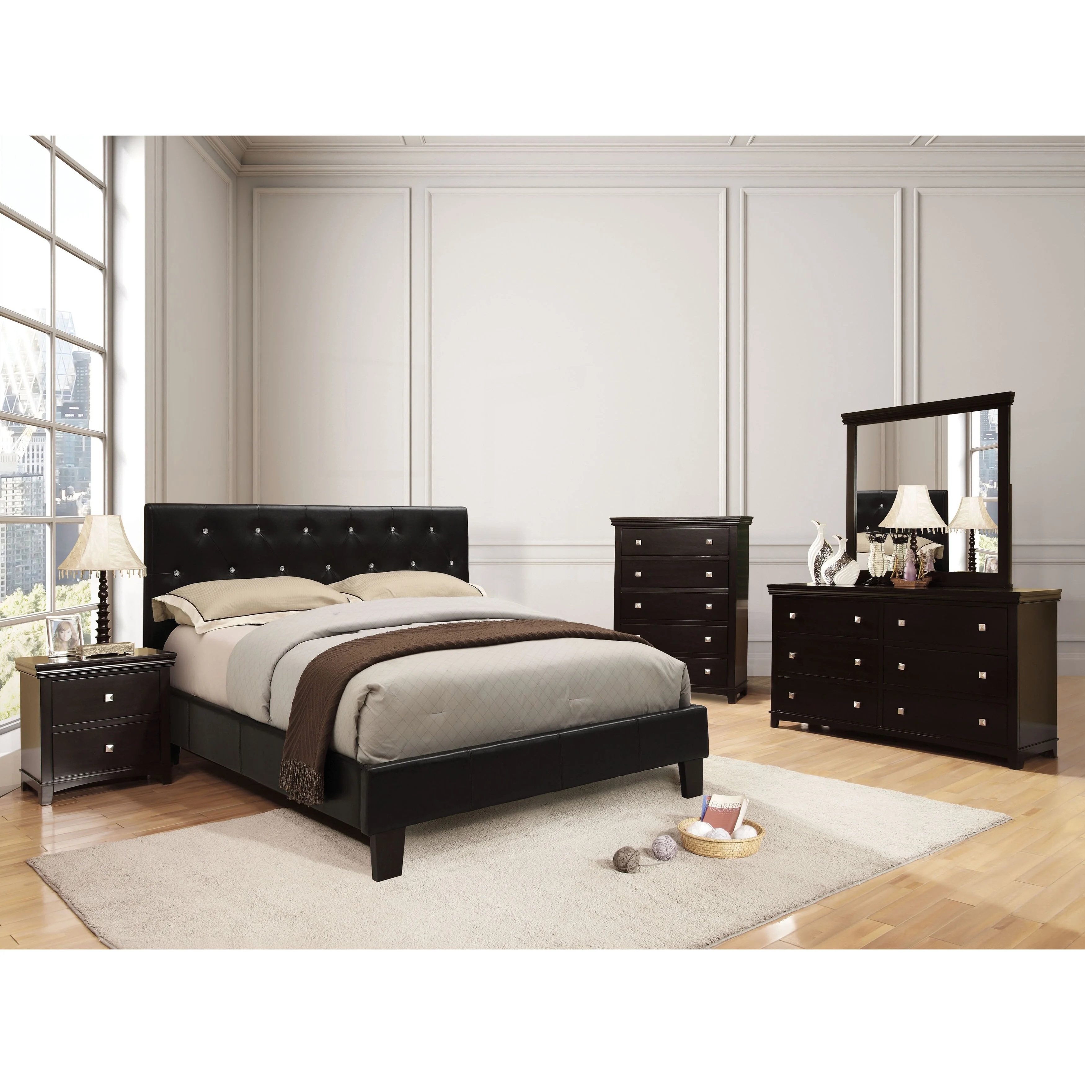 Furniture of America Lury Contemporary Black Faux Leather Upholstered Tufted 4-Piece Platform Bedroom Set by California King