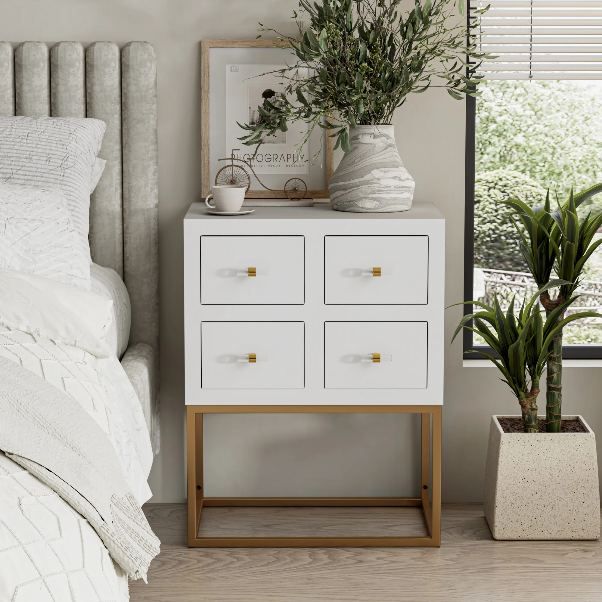 COZAYH Modern 4-Drawer Nightstand, Spacious Storage End Table with Golden Metal Base, Minimalist Chest of Drawers for Bedroom, Living Room, White