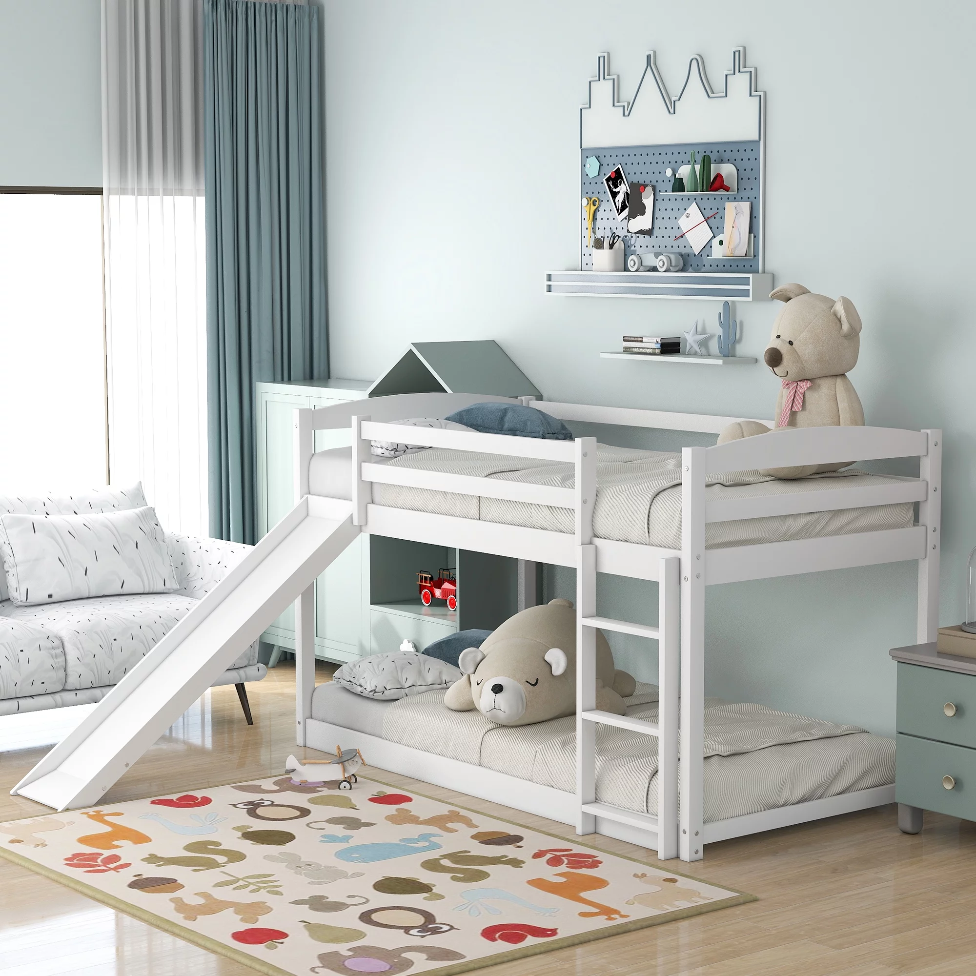 uhomepro Low Bunk Bed for Kids Bedroom, Twin Over Twin Bunk Bed Frame with Safety Rail, Slide and Ladder, Heavy Duty Wood Twin Bunk Beds for Boys Girls, Space-Saving Bedroom Furniture, White