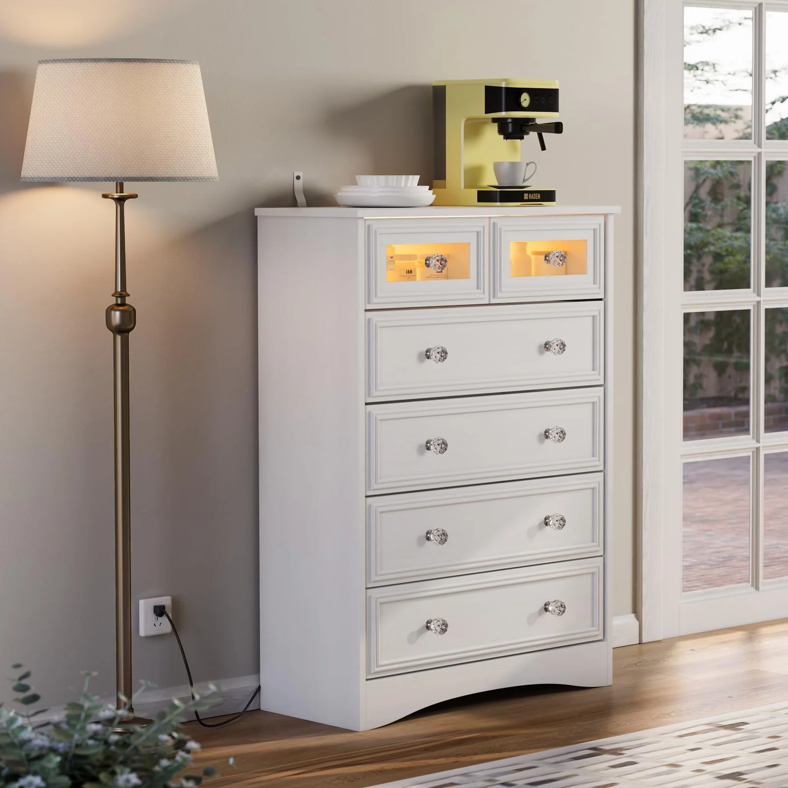 White Dresser for Bedroom, 6 Drawer Dresser with Led Light, Tall Wood Chest Of Drawers for Living Room