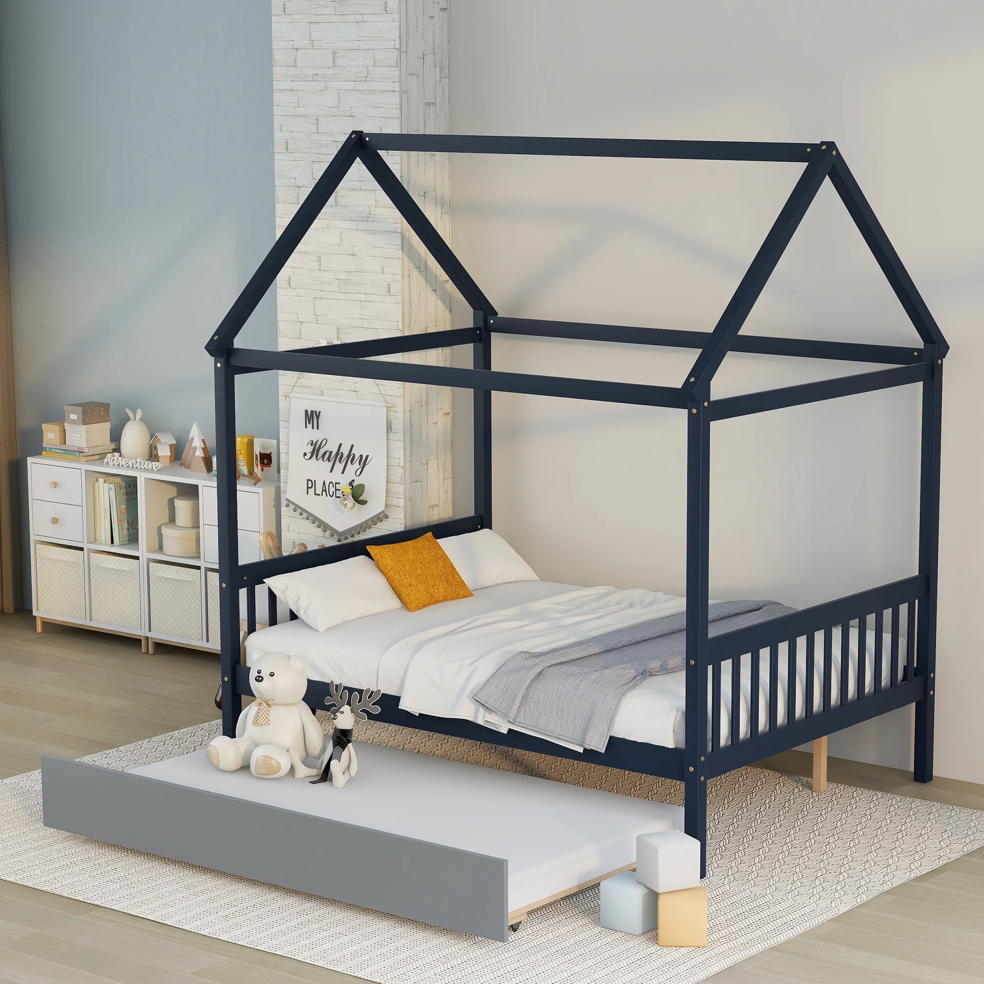NAVY BLUE HOUSE FULL BED WITH TRUNDLE OF GREY COLOR