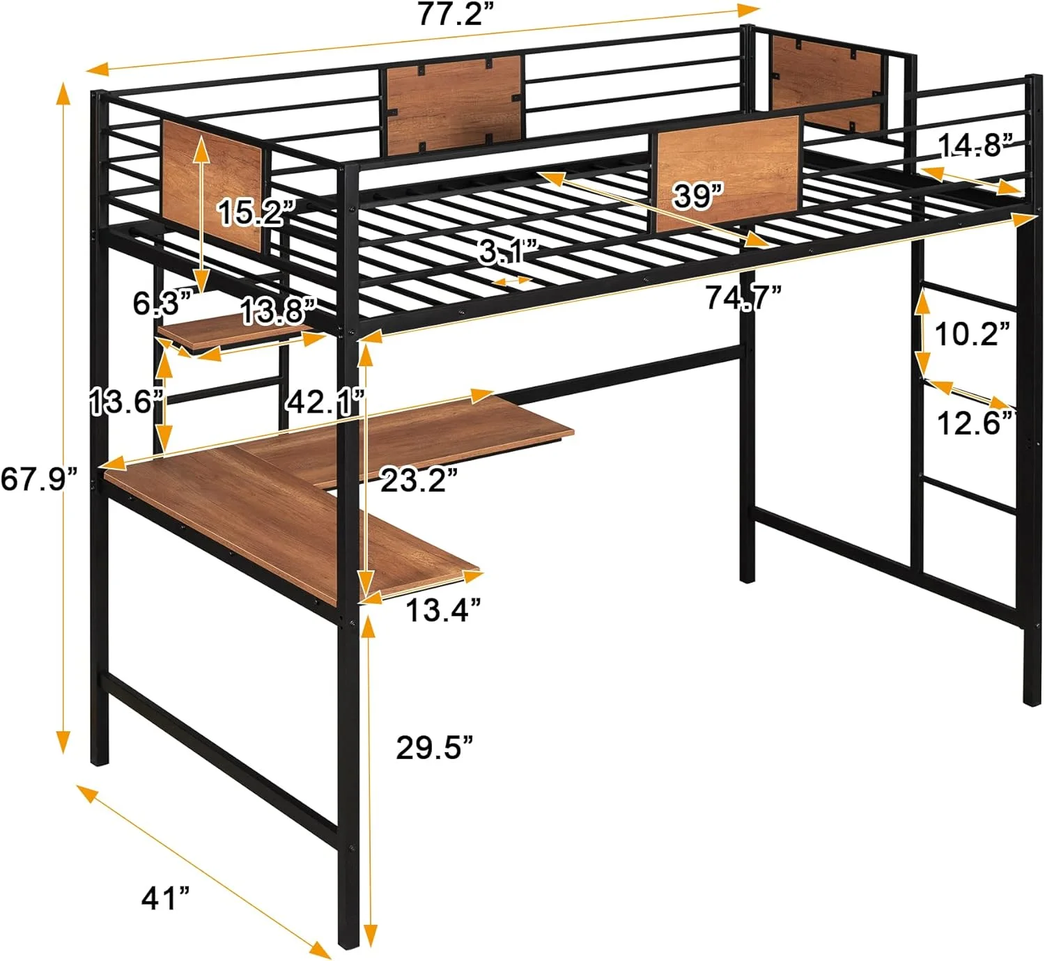 Size Metal Loft Bed Frame, Loft Bed With L-Shape Desk Ad Shelves, Space Savig Loft Bed With Desk Udereath For Kids,Tees,Black