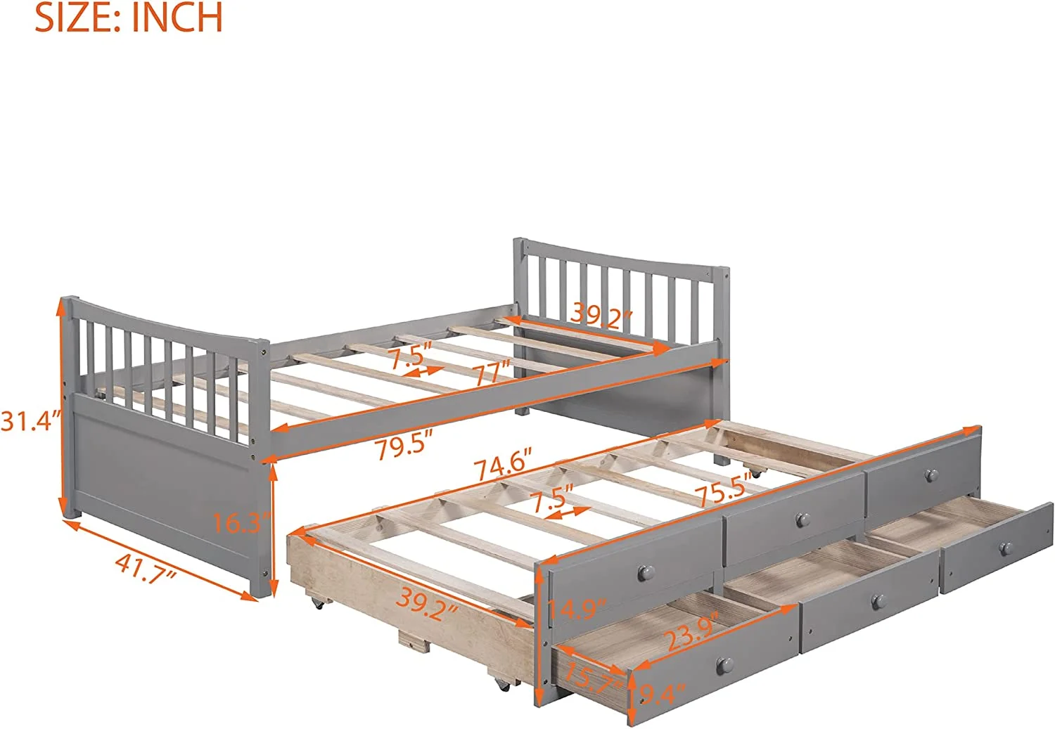 Daybed With Trundle And Storage Drawers,Wood Captains Bed, Trundle Daybed With Storage For Kids Teens Or Adults (,Gray)