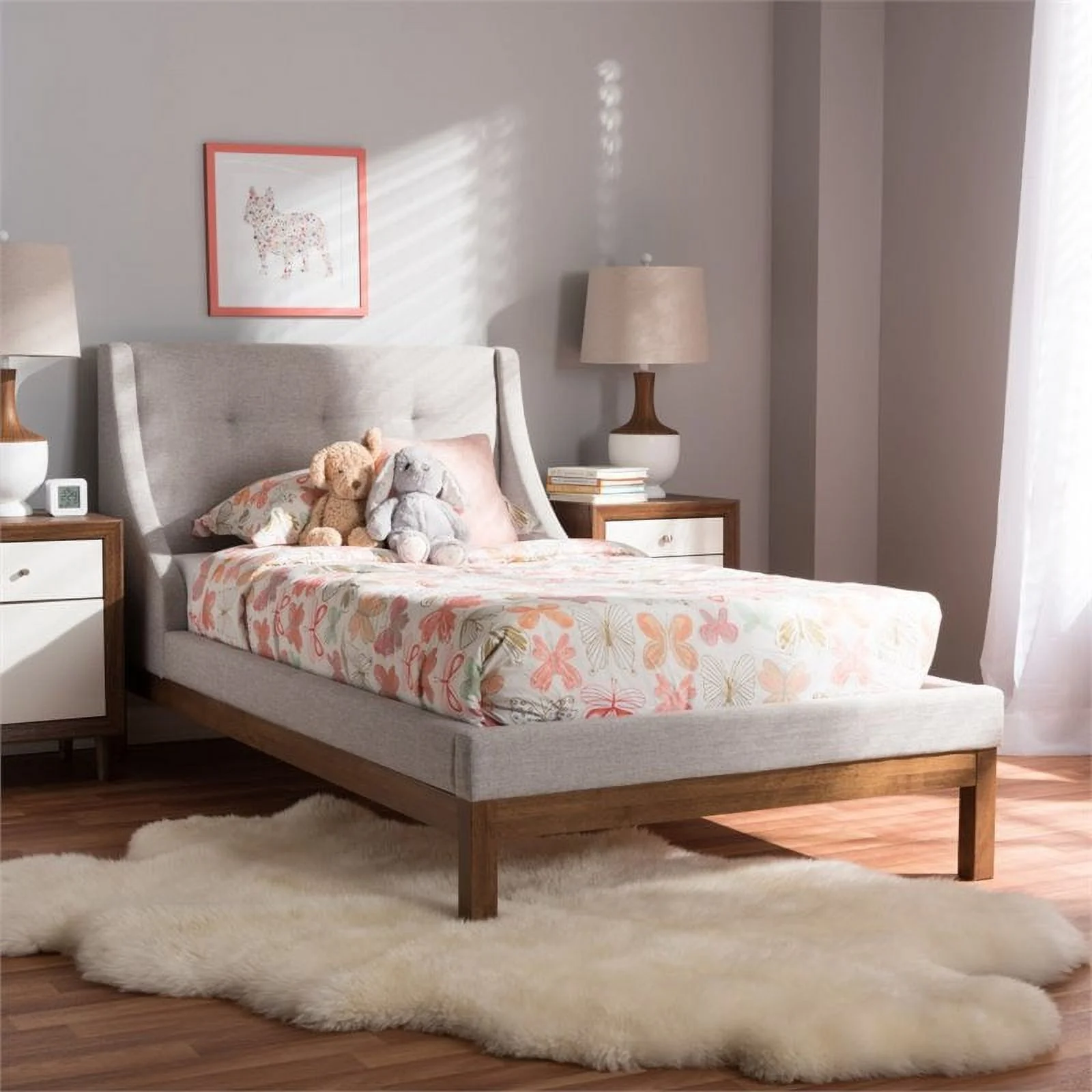 Baxton Studio Louvain Upholstered Twin Platform Bed in Greyish Beige