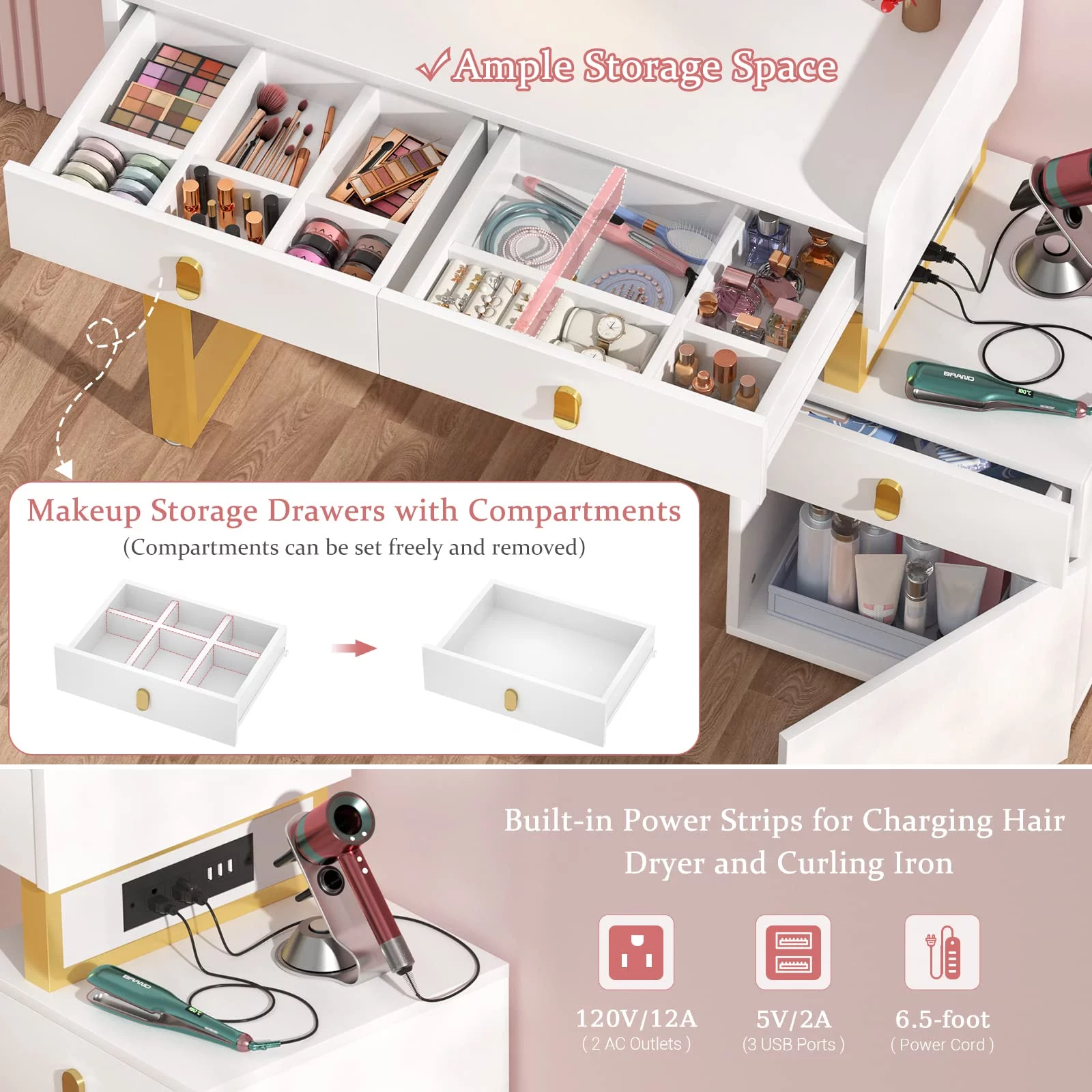 Homieasy Vanity Desk with LED Lighted Mirror & Power Outlets, 44'' Reversible Makeup Desk with Drawers & Storage, Vanity Table Set with Soft Stool, Dressing Table for Bed Room, White