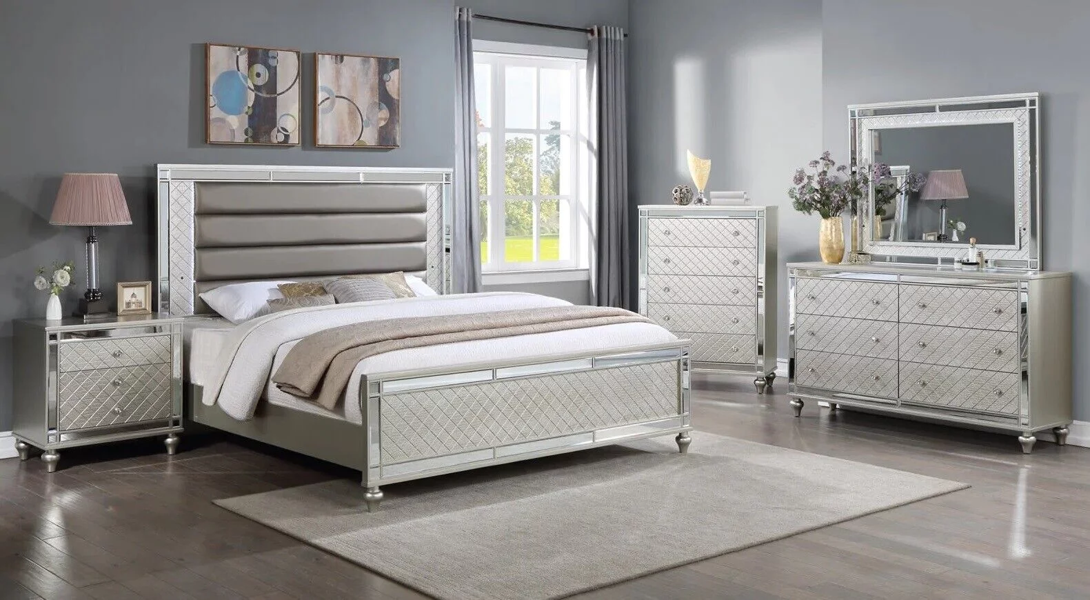 Modern Glam Style 6pc King Size Upholstery LED Bed Dresser Mirror Nightstand Chest Wooden Master Bedroom Furniture Set
