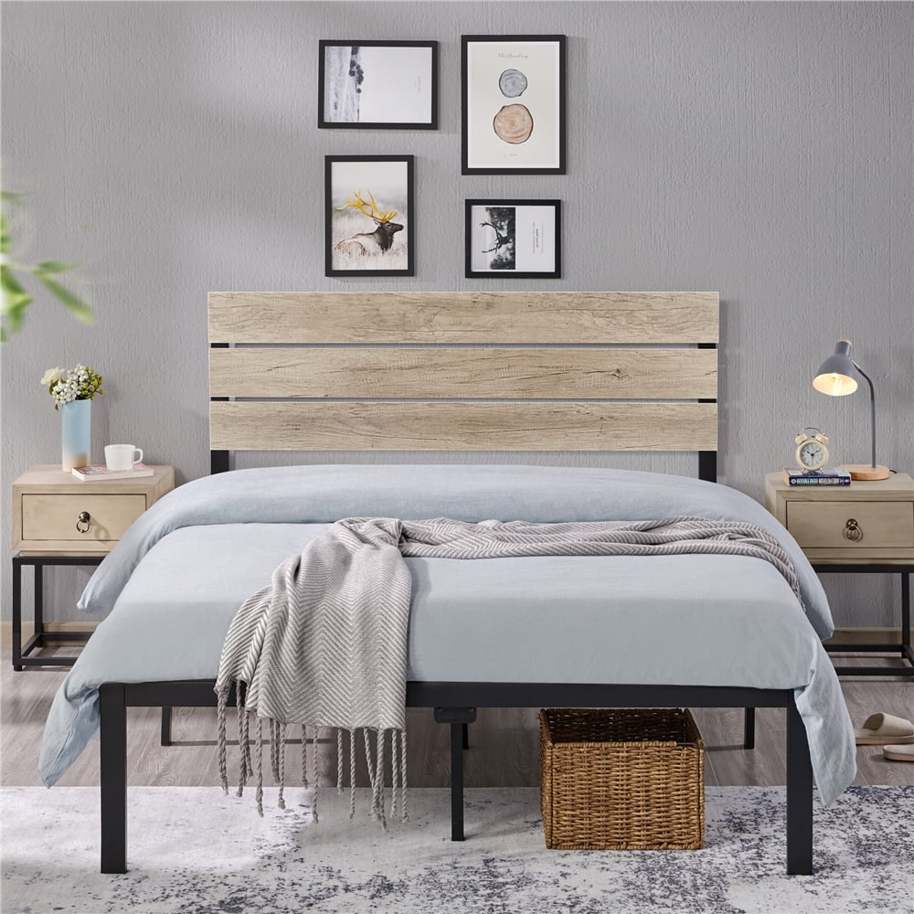 Easyfashion Metal Bed Frame with Wooden Headboard, Gray, Queen
