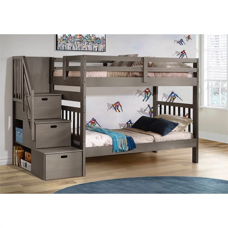 My Bed Now Olympus Twin-over-Twin Wood Bunk Bed w/ Staircase Drawers in Brown
