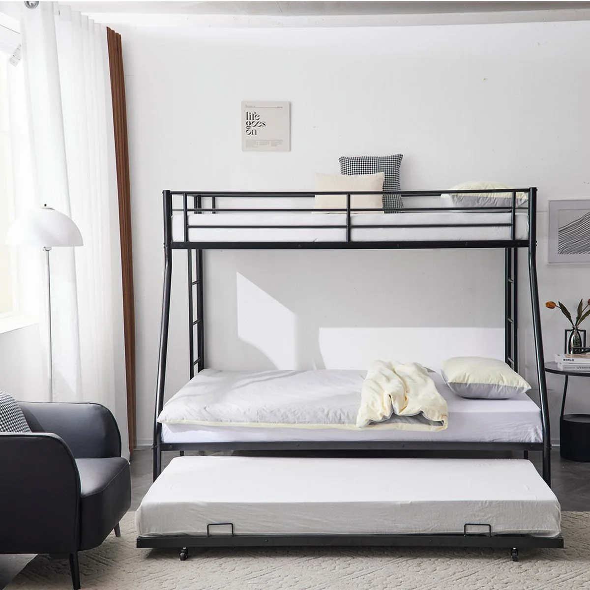 Fithood Twin Over Full Bunk Bed with Trundle, Triple Bunk Beds for Kids Teens Adults, Metal Bunk Bed with Two Side Ladder and Guardrails, Black