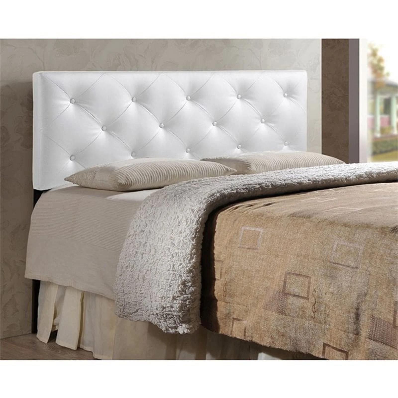 Bowery Hill Modern Faux Leather Tufted Queen Size Panel Headboard in White