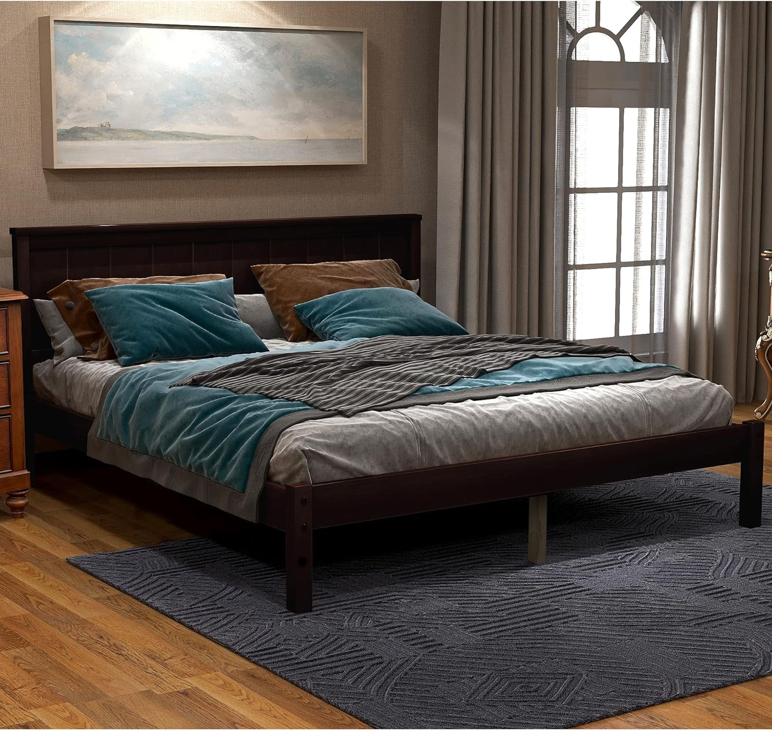 Wood Platform Bed Full Size Platform Bed Frame with Headboard for Bedroom, Living Room,No Box Spring Needed, Espresso