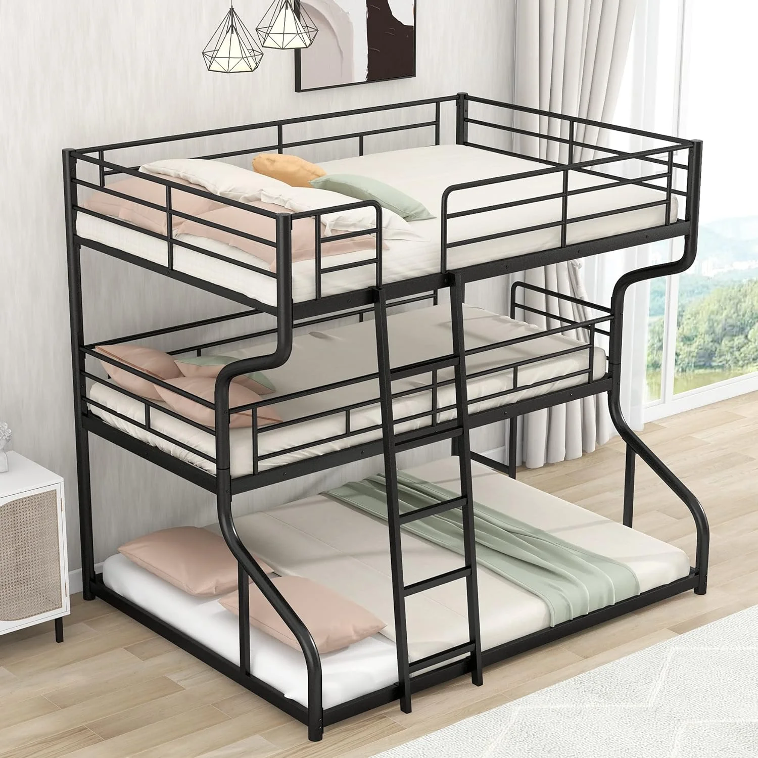 Triple Bed Metal Full XL Over XL Over Queen Bed Bunk Bed With Ladders, Bunk Bed For Family, Teens,No Box Spring Needed
