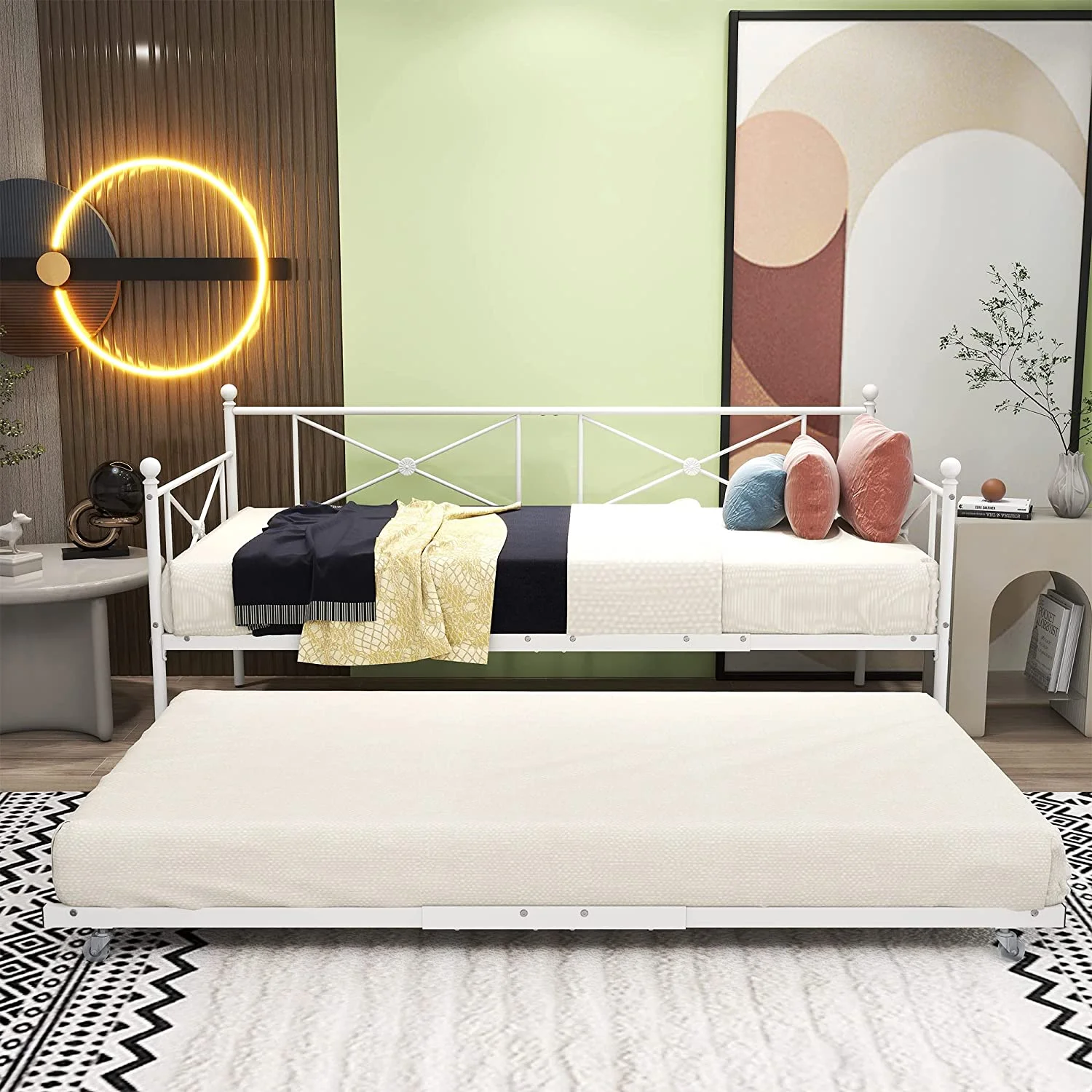 YINCHEN Sofa Bed Daybed with Trundle Premium Steel Slat Support,Multifunctional Mattress Foundation,Sofa Bed Frame with Headboard,Twin,White