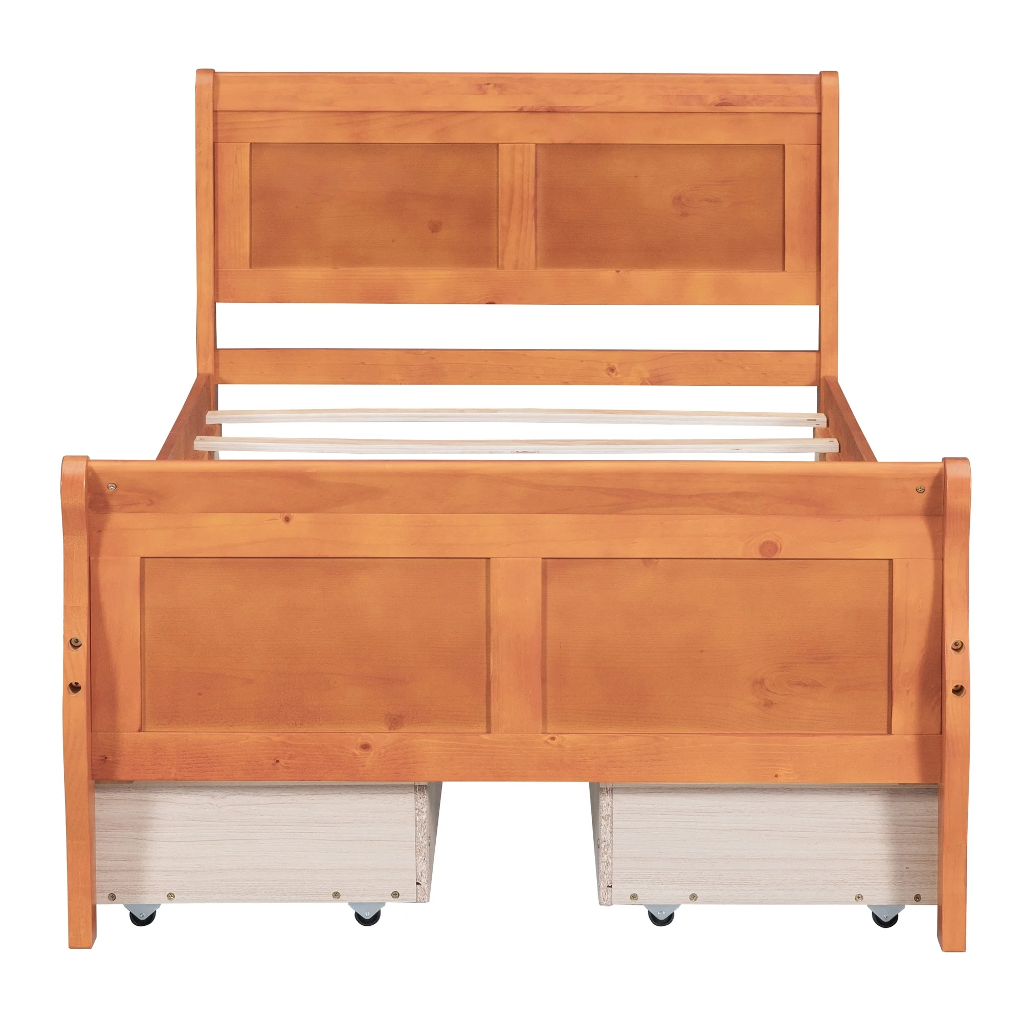 Twin Size Wood Platform Bed with 4 Drawers and Streamlined Headboard Oak