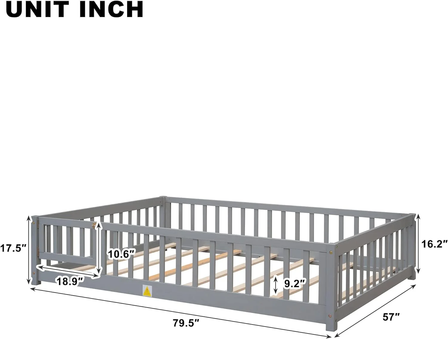 Full Size Floor Bed Wih Rails, Wood Moessori Floor Bed Full Size Wih Suppor Slas, Kids Full Bed Frame Wih Door Desig For Kids Boys,Girls, Grey