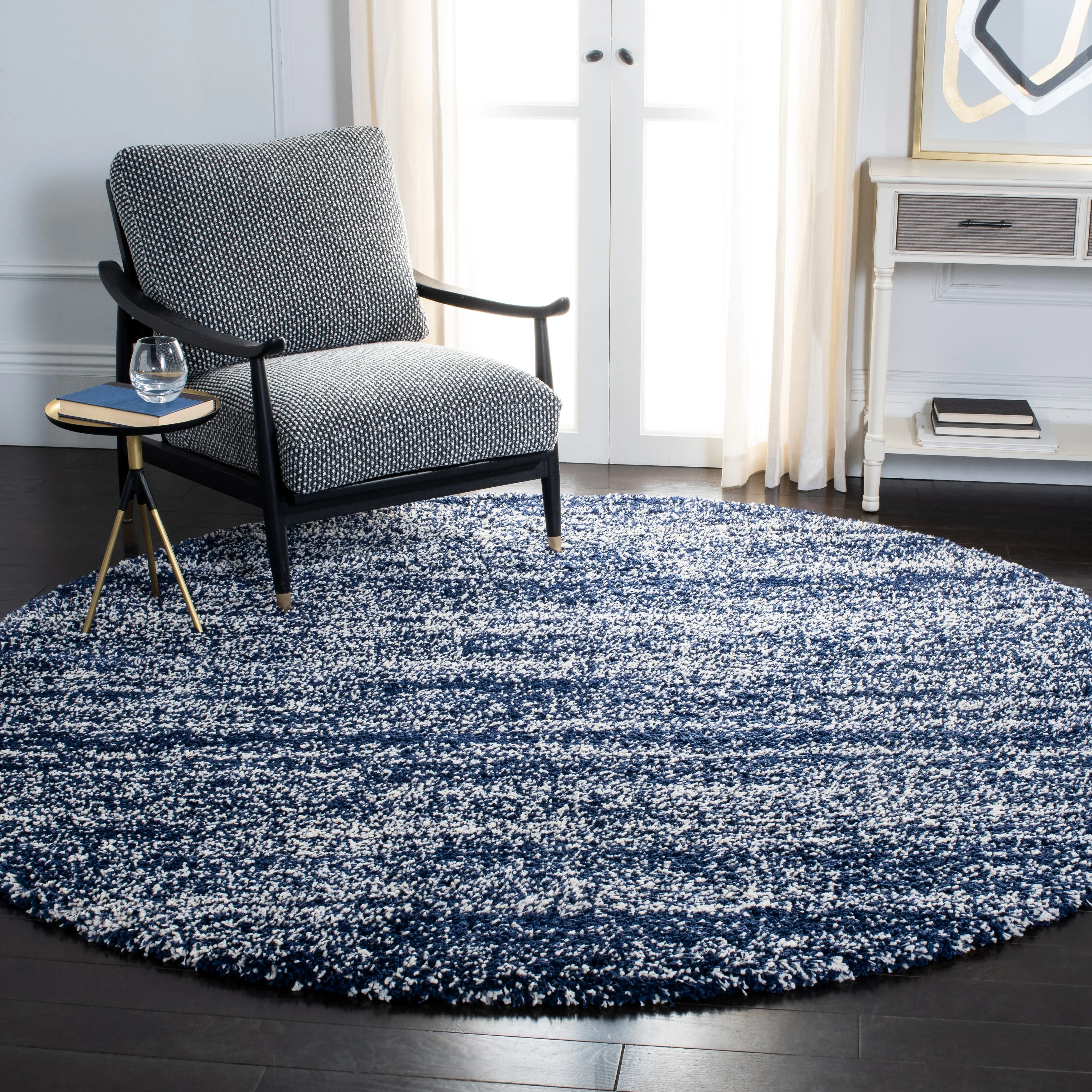 Safavieh Hudson Shag Justine Modern 2-inch Thick Rug Navy/Ivory 4' Round 4' Round Indoor Living Room, Bedroom, Dining Room Round