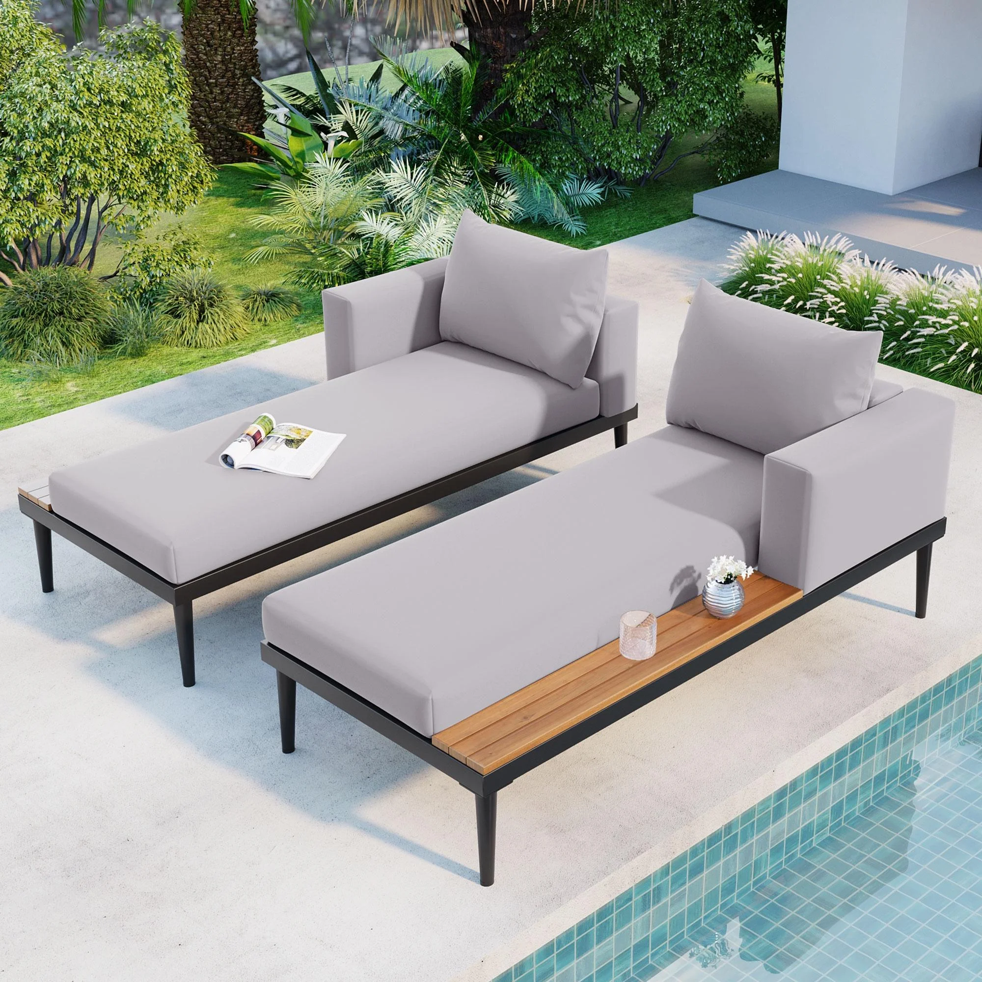 Metal Outdoor Daybed, 2 in 1 Padded Double Chaise Lounge Set with Wood Topped Side Spaces, Patio Sunbed Seating Set, Gray