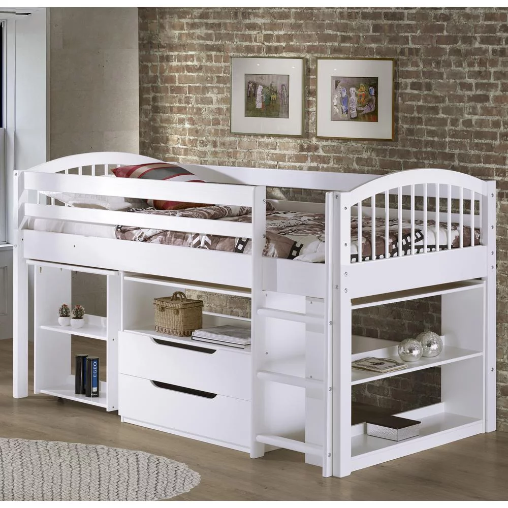 Addison Wood Junior Loft Bed with Storage Drawers, Bookshelf, and Desk, White