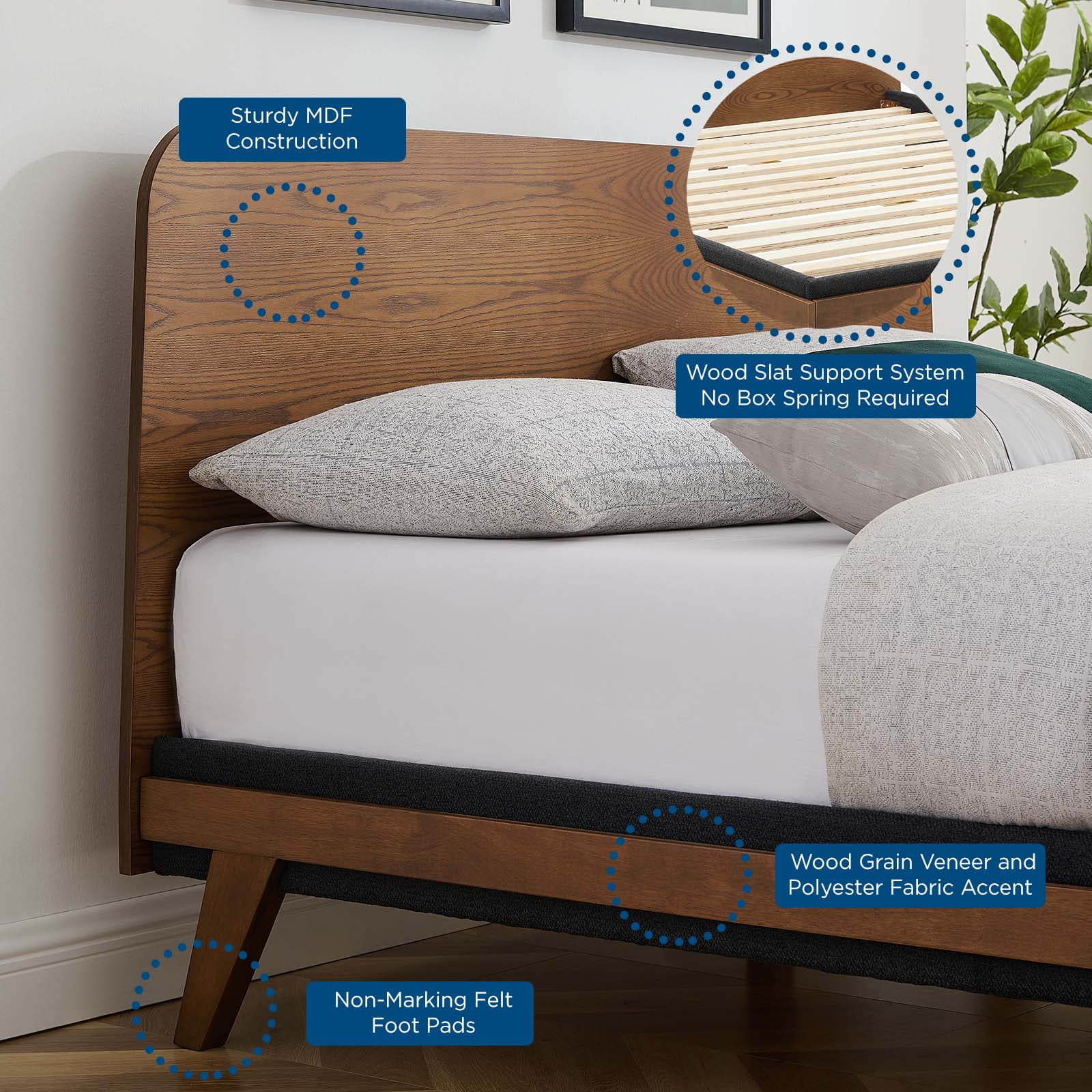 Platform Bed Frame, Queen Size, Walnut, Wood, Modern Contemporary, Mid Century Bedroom Master Guest Suite Room