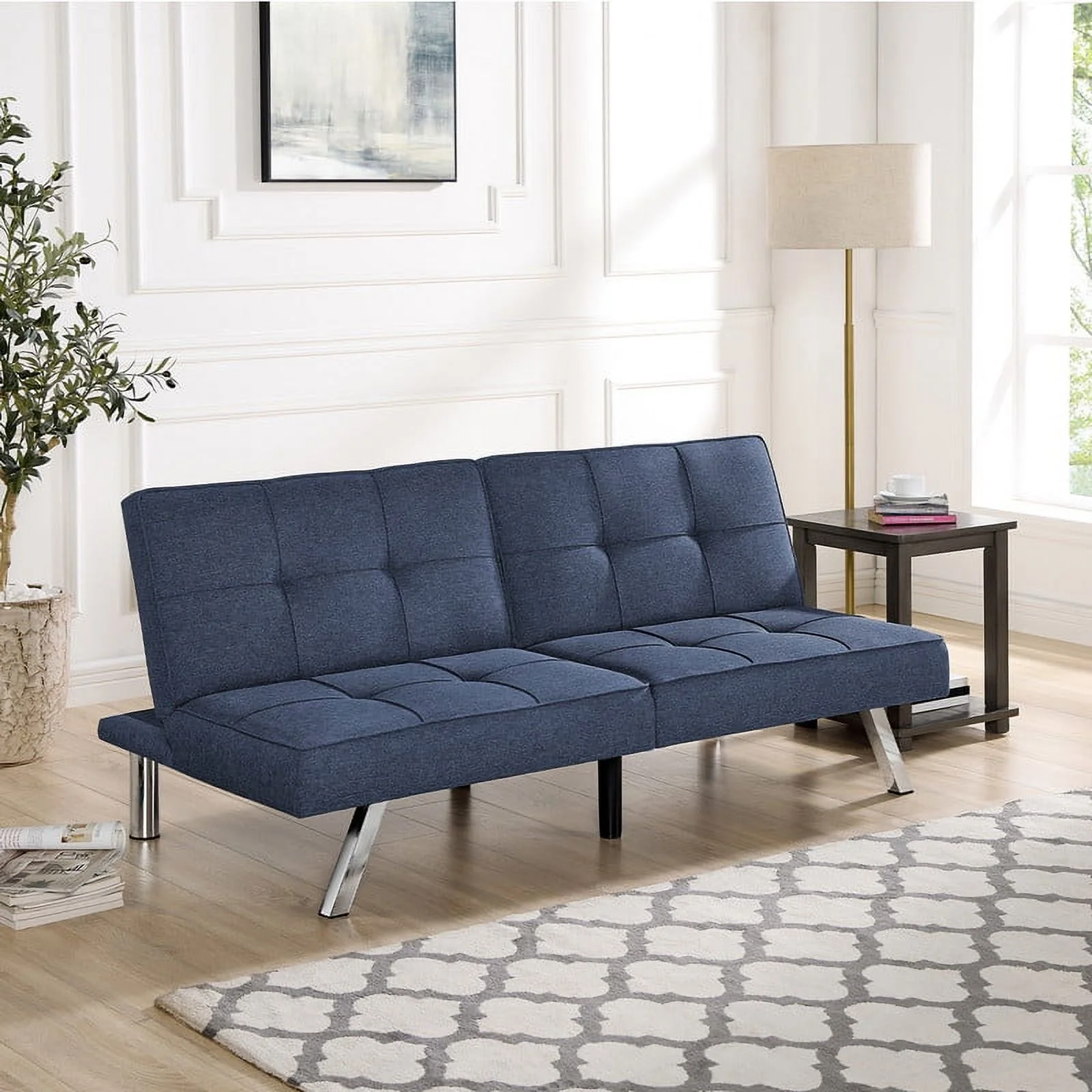 PARKWELL Futon Sofa Bed,Tufted Reclining Futon, Convertible Folding Split Back Couch for Compact Small Space, Dark Blue Linen Upholstery