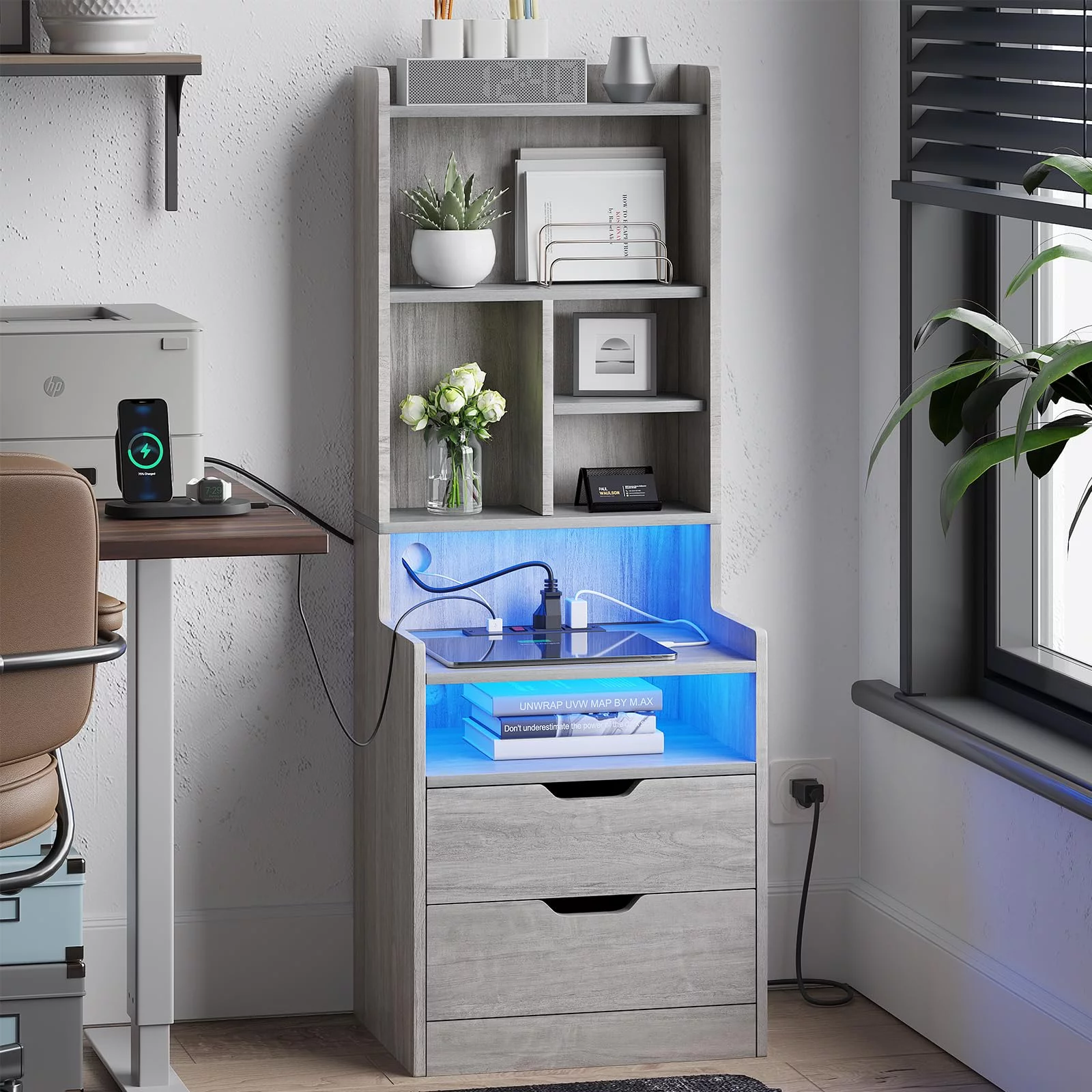 Gray LED Nightstand with 2 Drawers&Charging Stations Tall End Side Table with LED Lights&Bookshelf for Bedroom