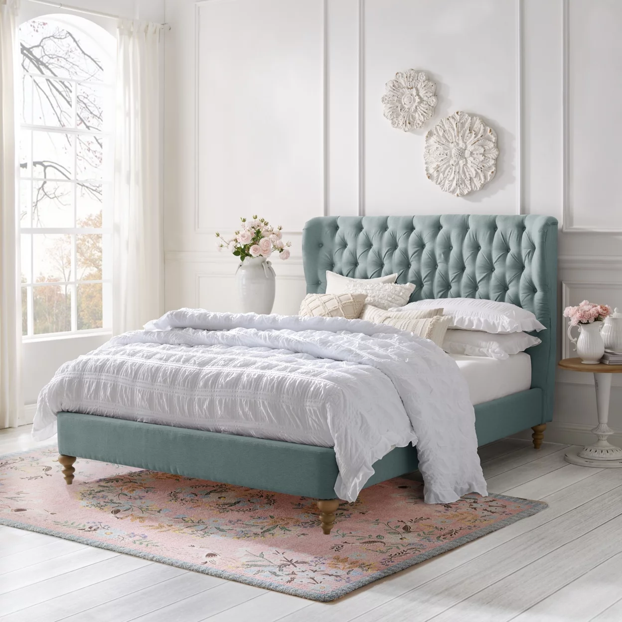 Kelsie Bed-Button Tufted Headboard-Wingback-Slats Included