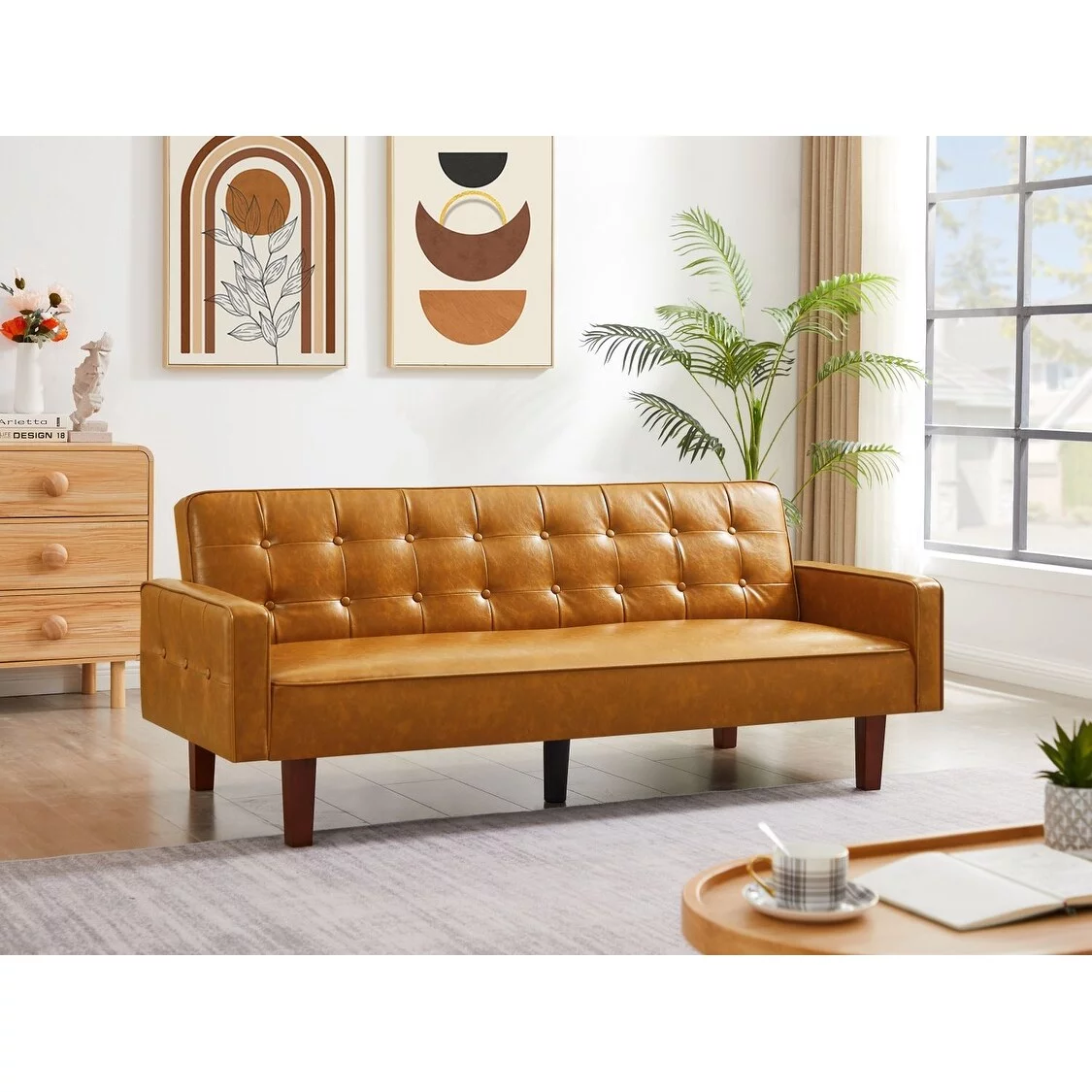 PU Futon Sofa Couch for Living Room Convertible Faux Leather Upholstered Futon Sleeper Sofa Bed Channel Tufted Bedroom Futons Brown