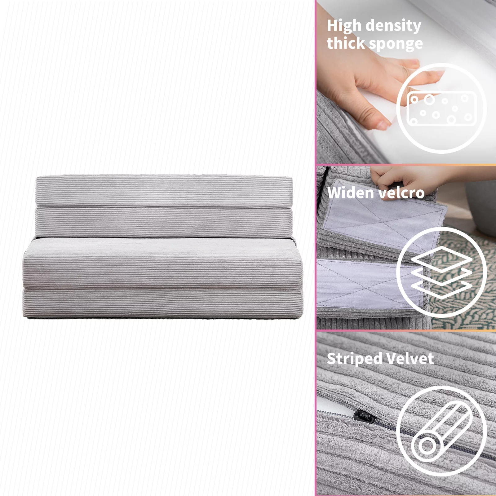 MUZZ Folding Sofa Mattress, Tri Fold Sofa Bed,Floor Upholstered Sleeper Couch ,Folding Futon Sofa Bed Lounge Chaise for Guest/Living Room/Bedroom(Full/Light Grey)