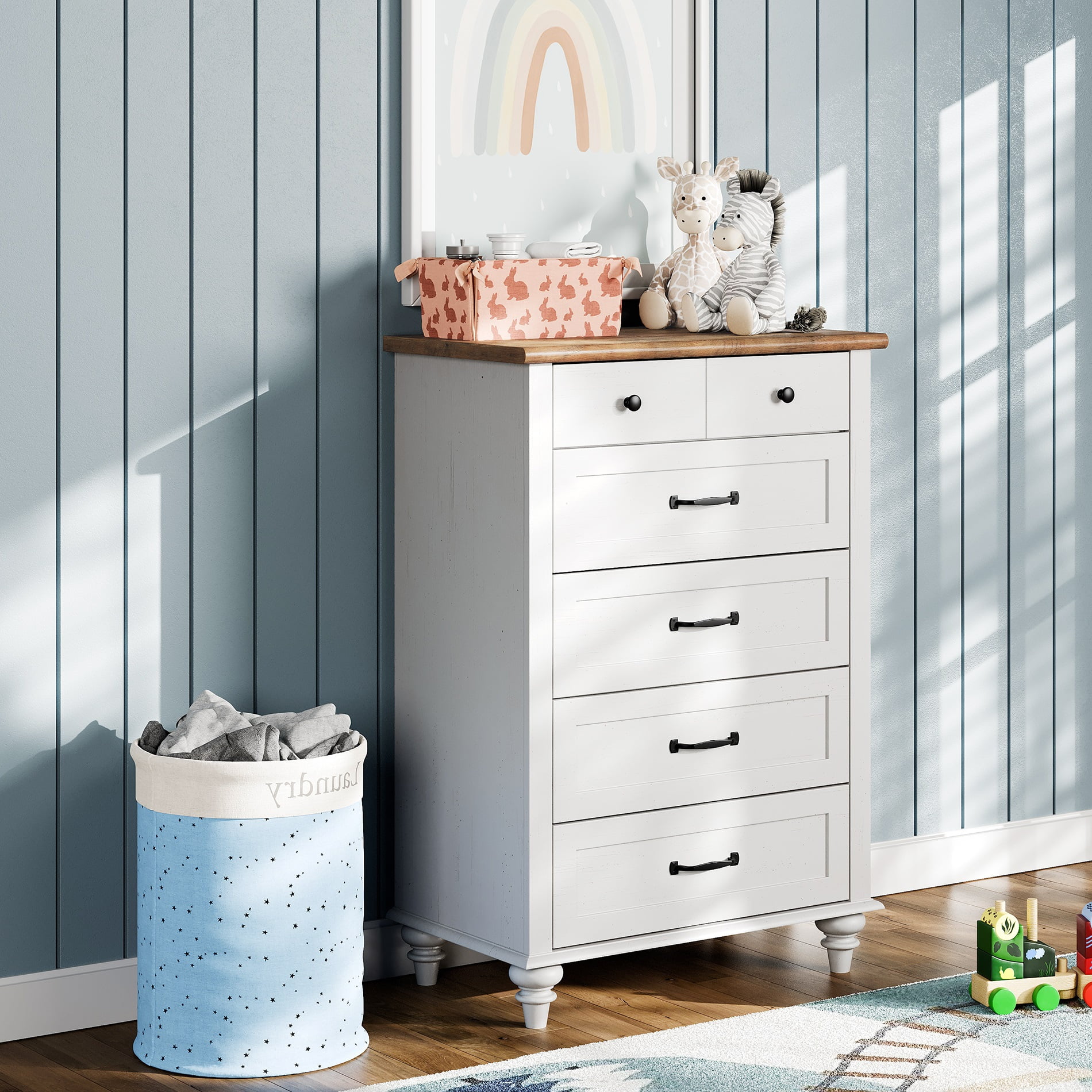 Kids Dresser for Bedroom with 5 Wide Chest of Drawers, Wood Dressers for Living Room, Nursery, Hallway,White