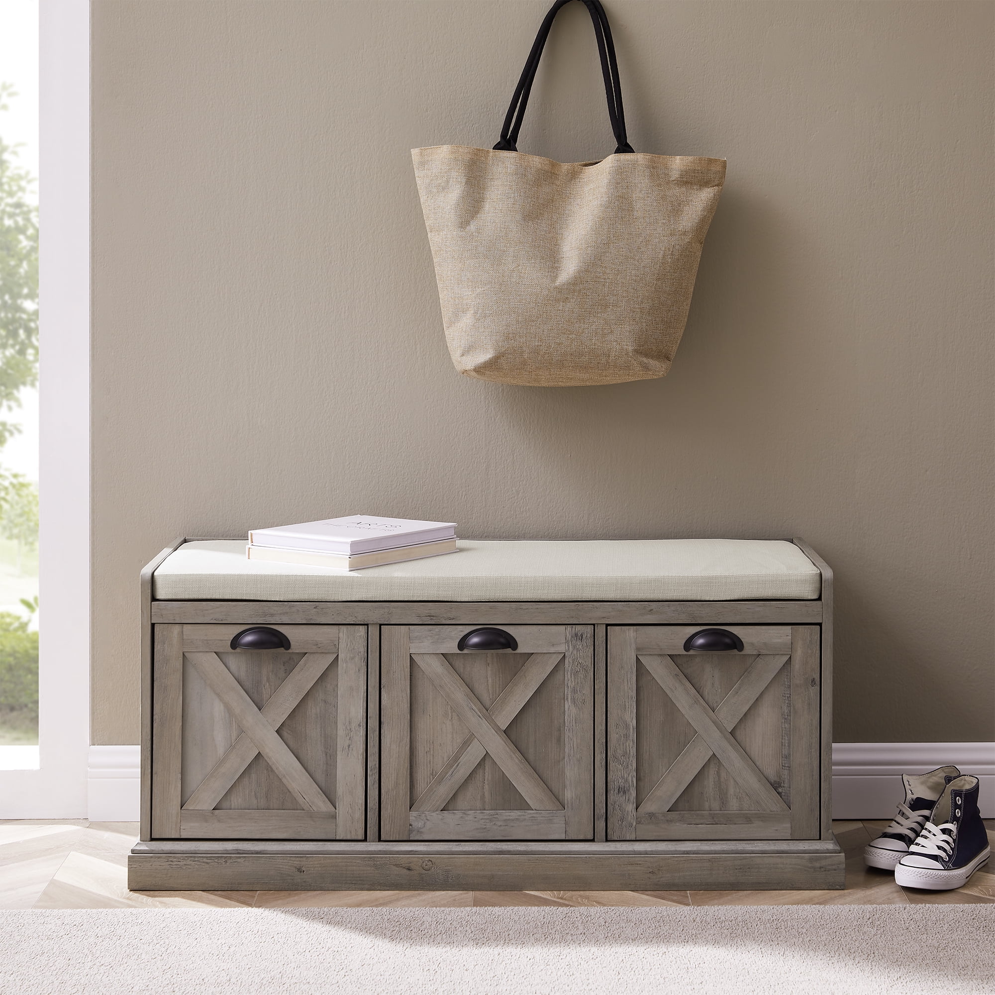 Walker Edison Modern Farmhouse 3 Drawer Storage Bench, Grey Wash