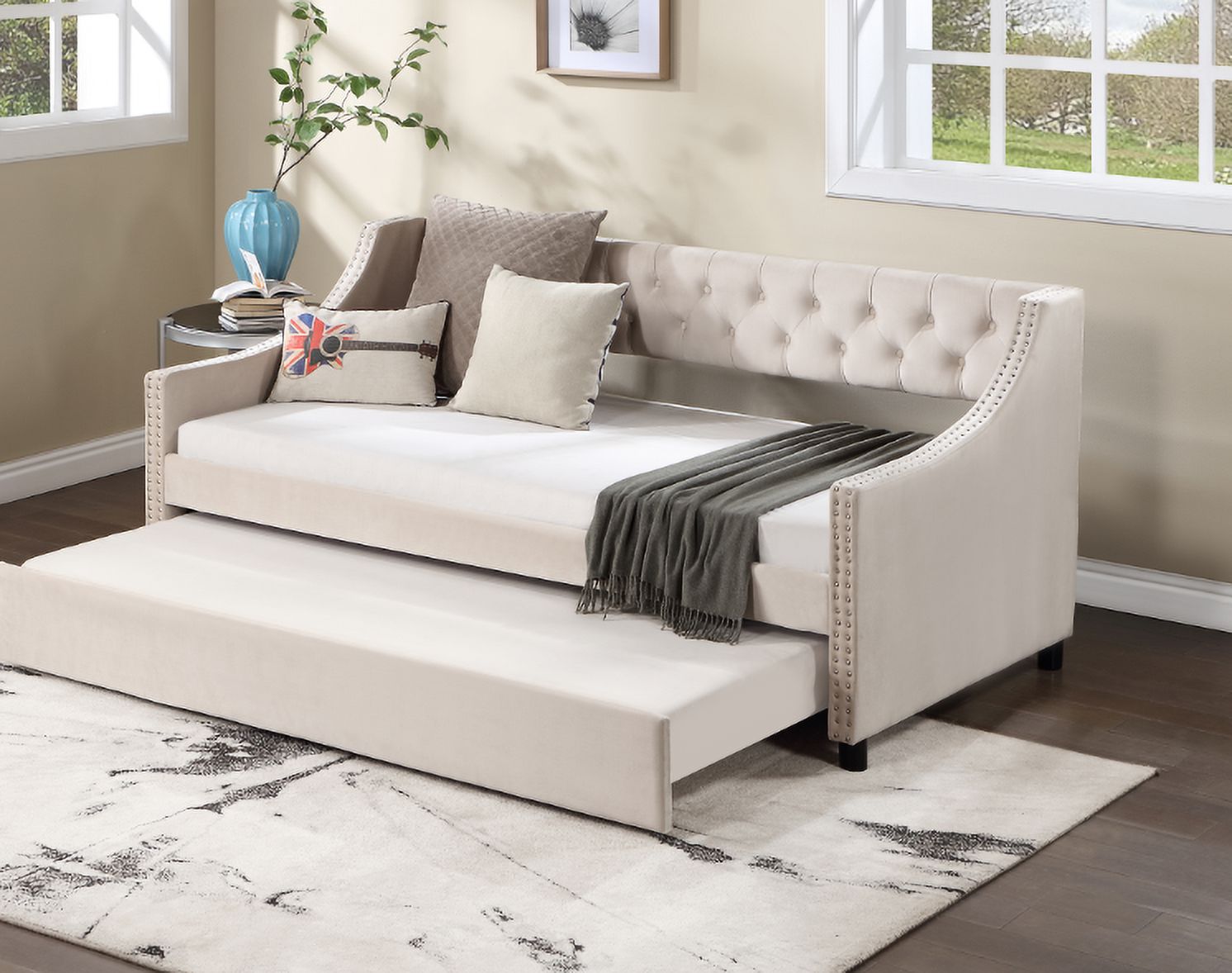 Sofa bed, foldable，Upholstered Daybed with Trundle, Twin Size Frame, Beige Velvet