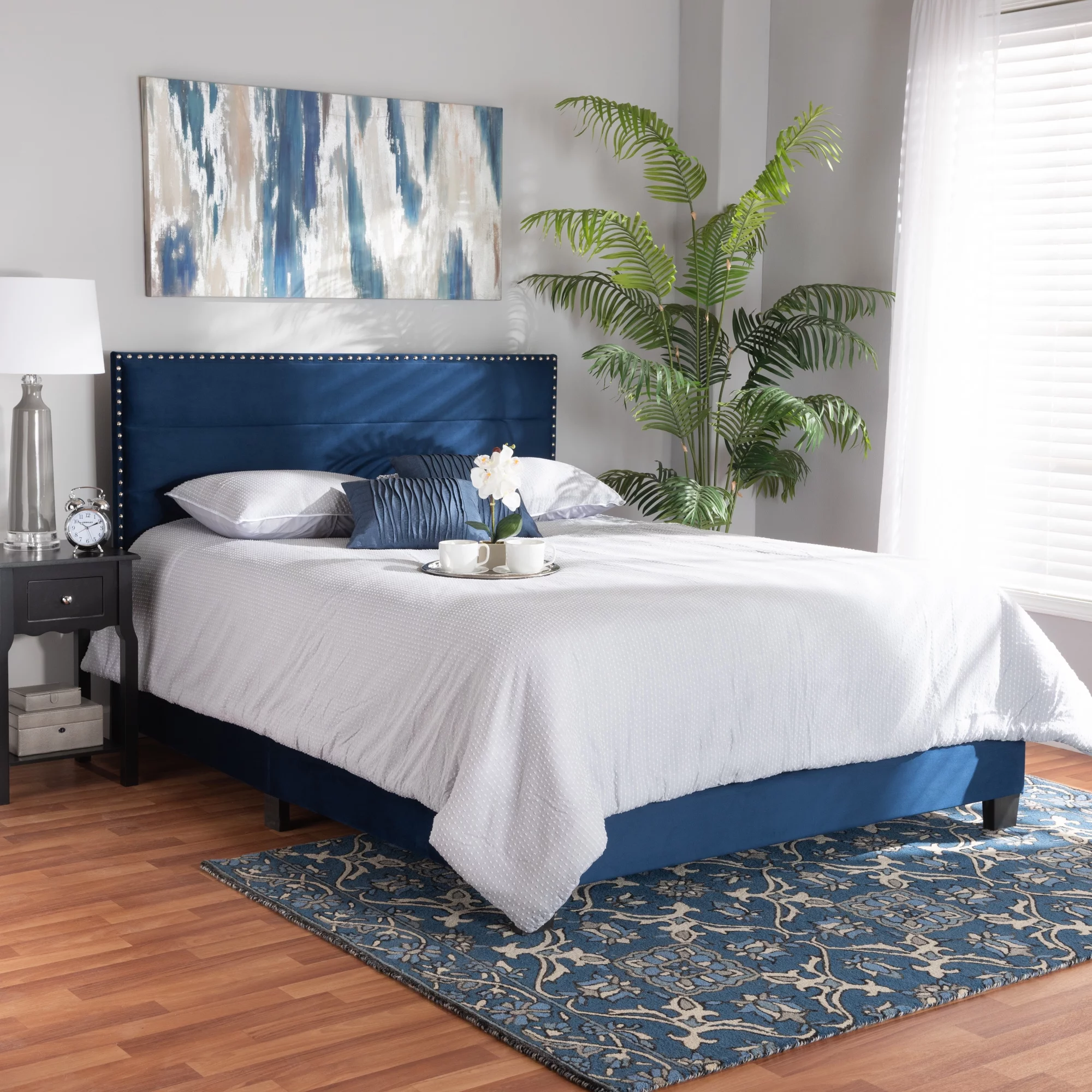 Baxton Studio Tamira Contemporary/Modern Velvet Tufted Panel Bed, Queen, Navy Blue/Black