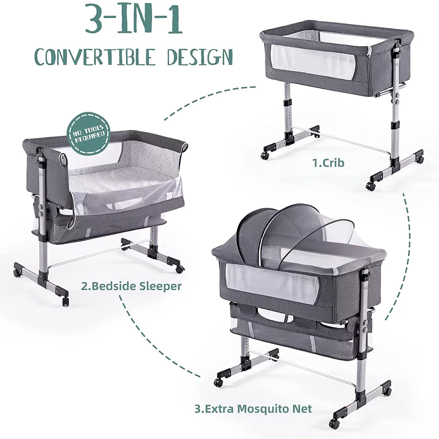 NEWLAKE 3 in 1 Bassinet for Baby, Height Adjustable Bedside Sleeper for Newborn Infant/Baby Boy/Baby Girl (Grey)