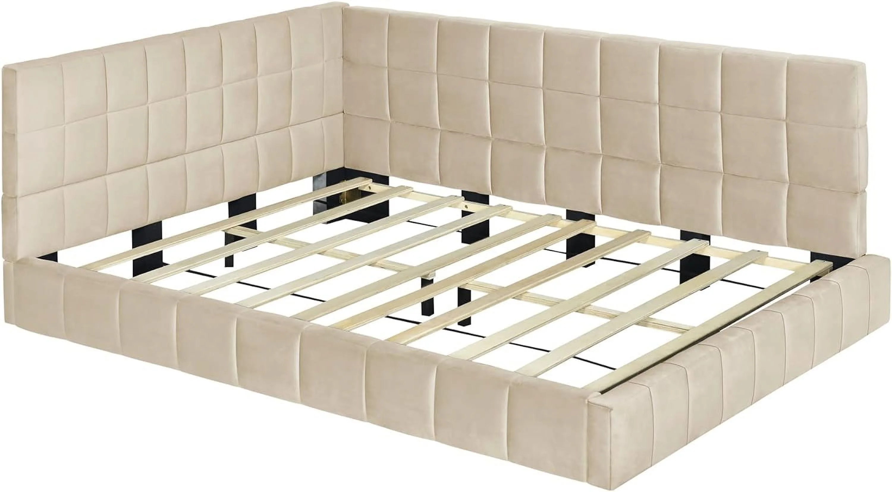 Full Size Upholstered Daybed, -Cetury Wood Full Size Daybed Sofa Bed Frame With Armrest Ad Backrest, Full Size Bed For Bedroom, Livig Room,Velvet, Beige