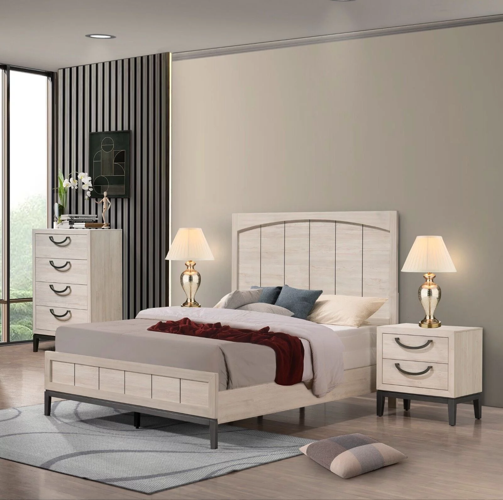 3Pc Unique Design Bedroom Set Beige Finish King Size Bed Chest Nightstand Solid Wood