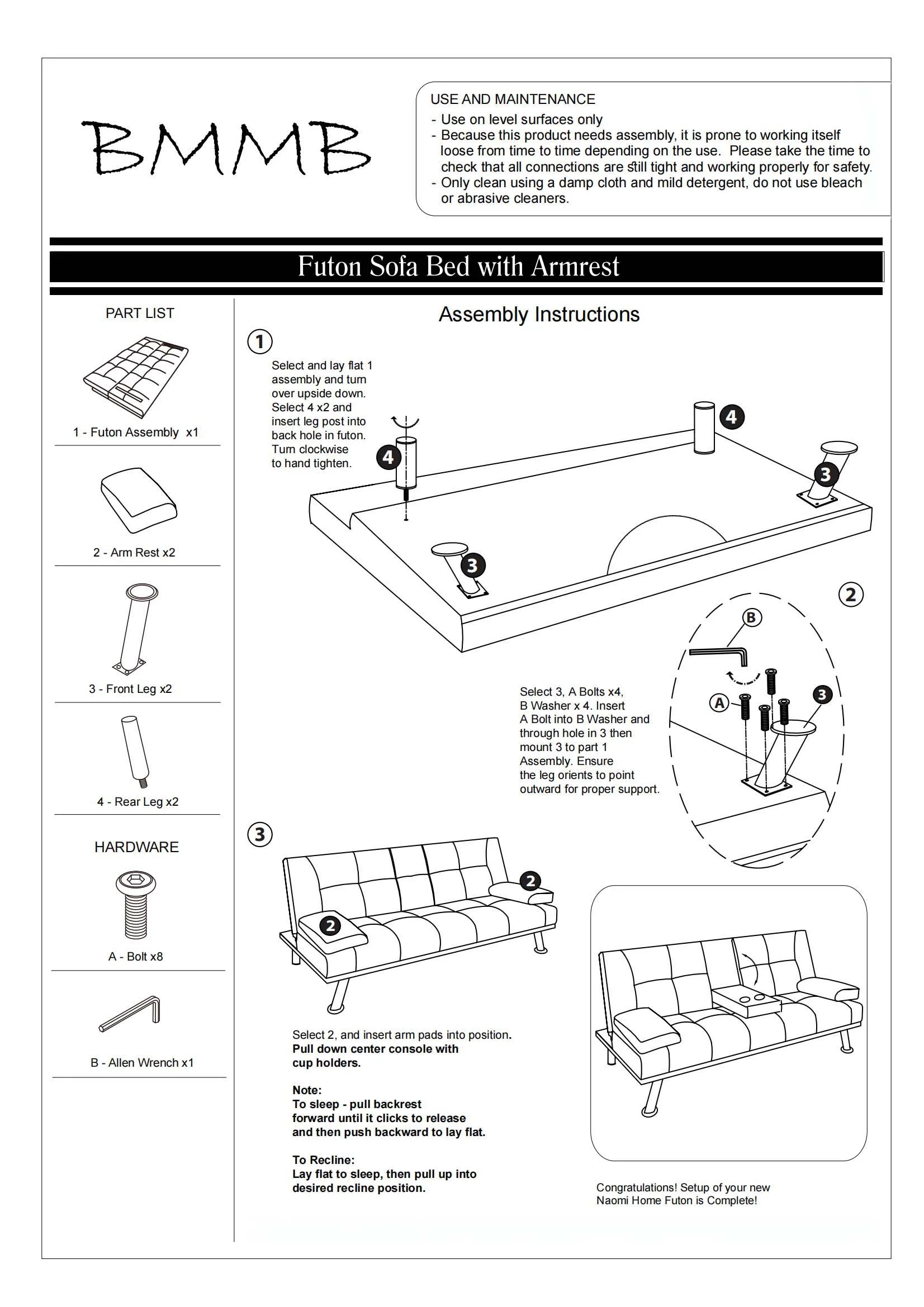 BMMB PU Leather Convertible Futon Sofa Bed Modern Upholstered Sleeper Couches 2 Cupholders Adult