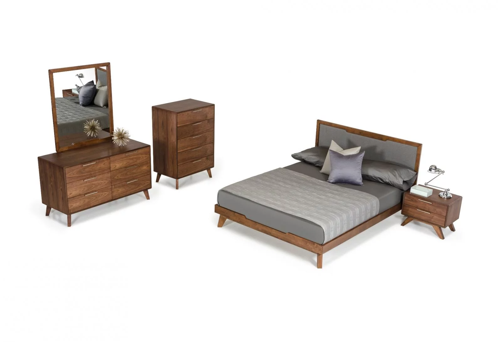 Grey Linen Fabric Walnut Veneer Finish King Bedroom Set 5P VIG Nova Domus Soria