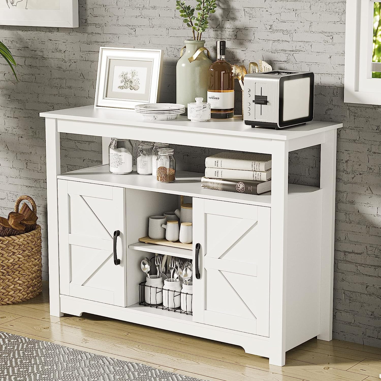 Cozy Castle White Farmhouse Kitchen Buffet Storage Cabinet with Doors and Adjustable Shelves, Buffet Table Sideboard, Accent Liquor Coffee Bar Cabinet for Kitchen, Living Room, Entryway, Dining Room