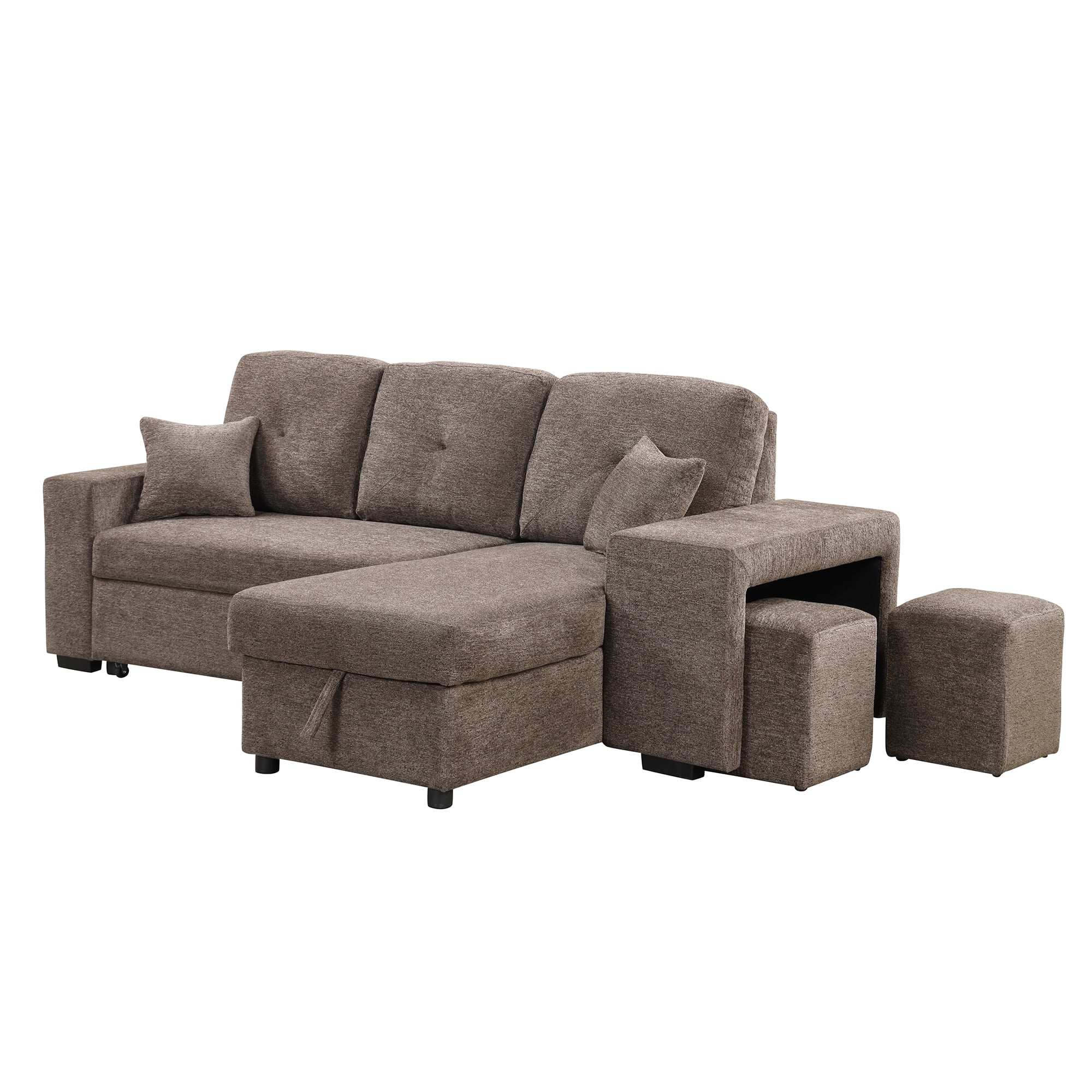 Euroco L-Shaped Sectional Sofa Bed with Side Shelf and 2 Stools, Reversible Sleeper Pull-Out Sofa Bed for Living Room, Charcoal Brown