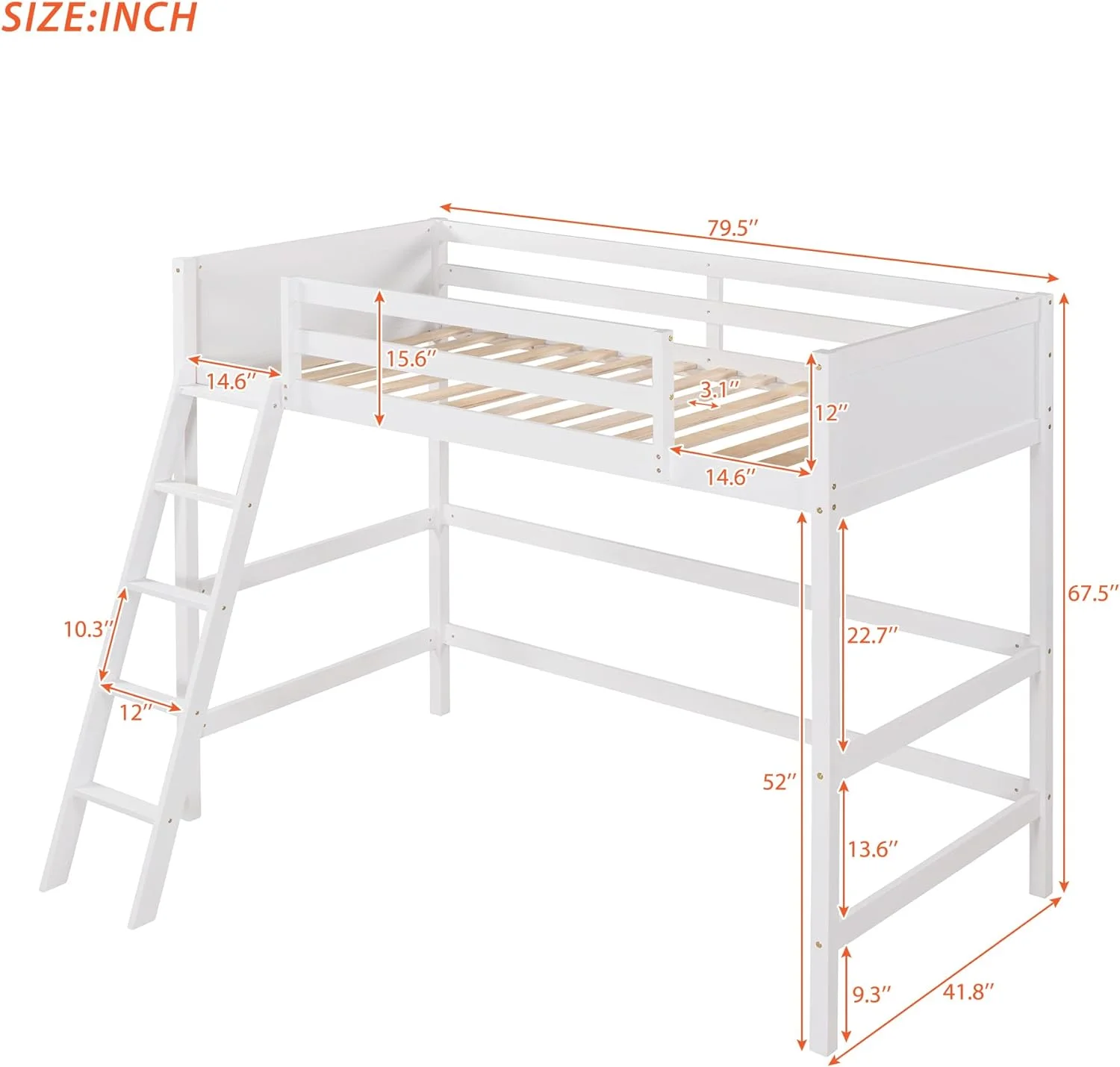 Size Loft Bed With Ladder, Wooden Loft Bed Size With Guardrails For Kids Teens Adults, No Box Spring Needed, White