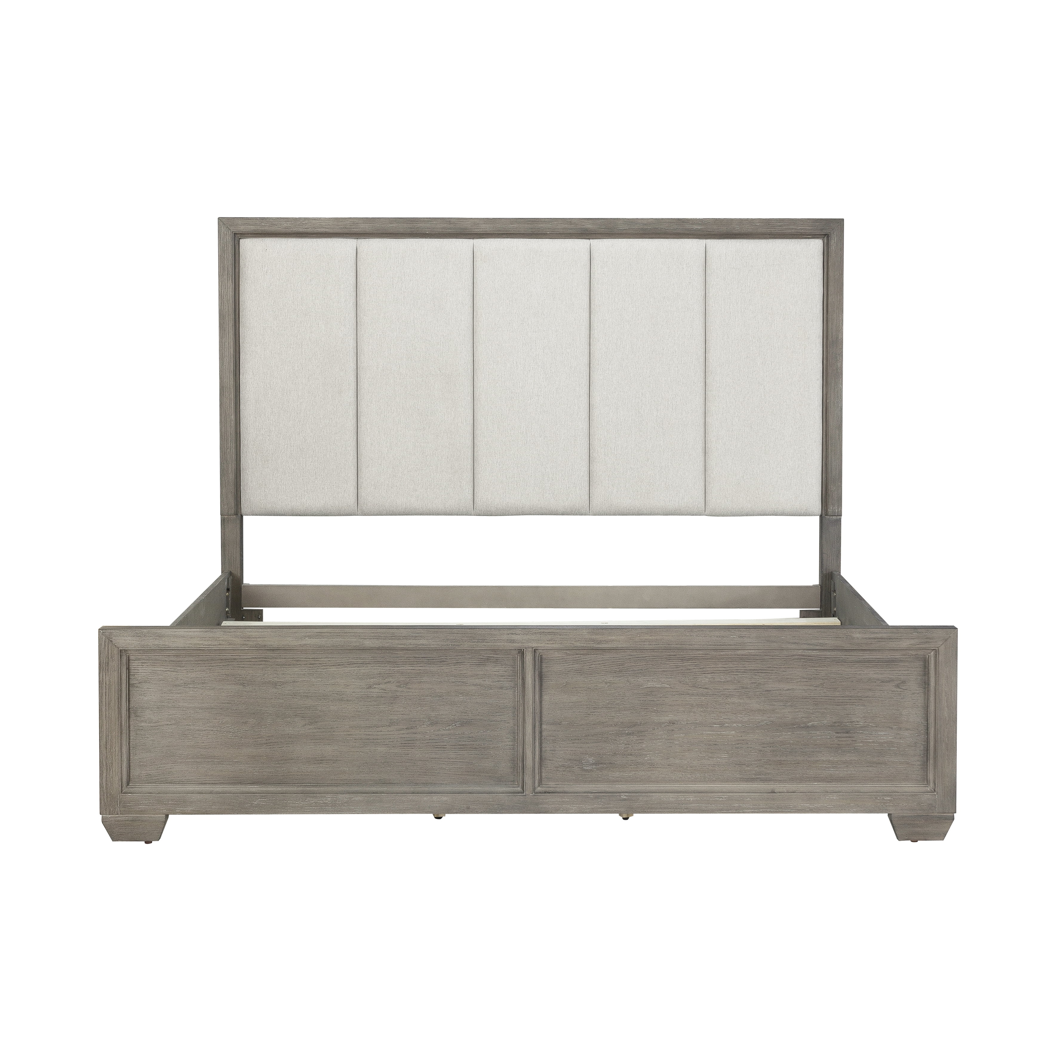 Ennesley Gray Wood Bedroom Set with Upholstered Panel King Bed, Dresser, Mirror, and Nightstand