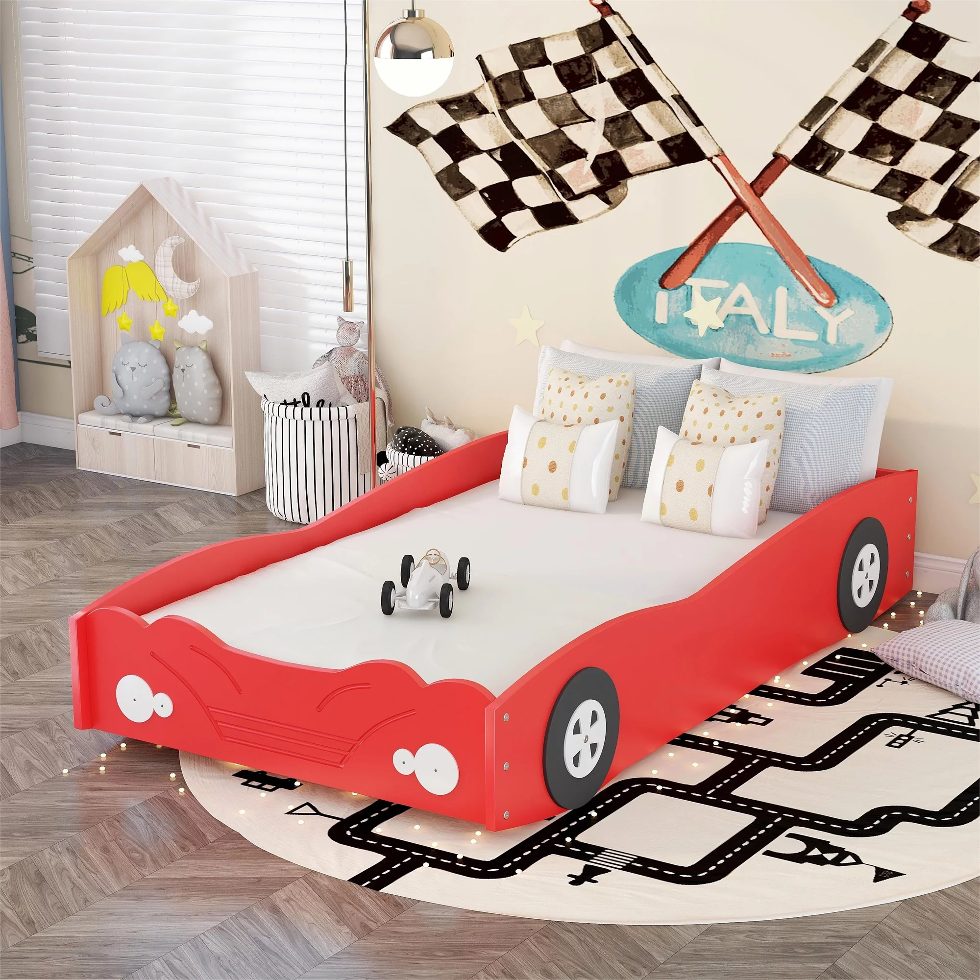 Twin Solid Wood Car-Shaped Platform Bed with Wooden Slats, Twin Size Platform Bed with Headboard and Footboard, No Box Spring Needed, Easy Assembly (Red)