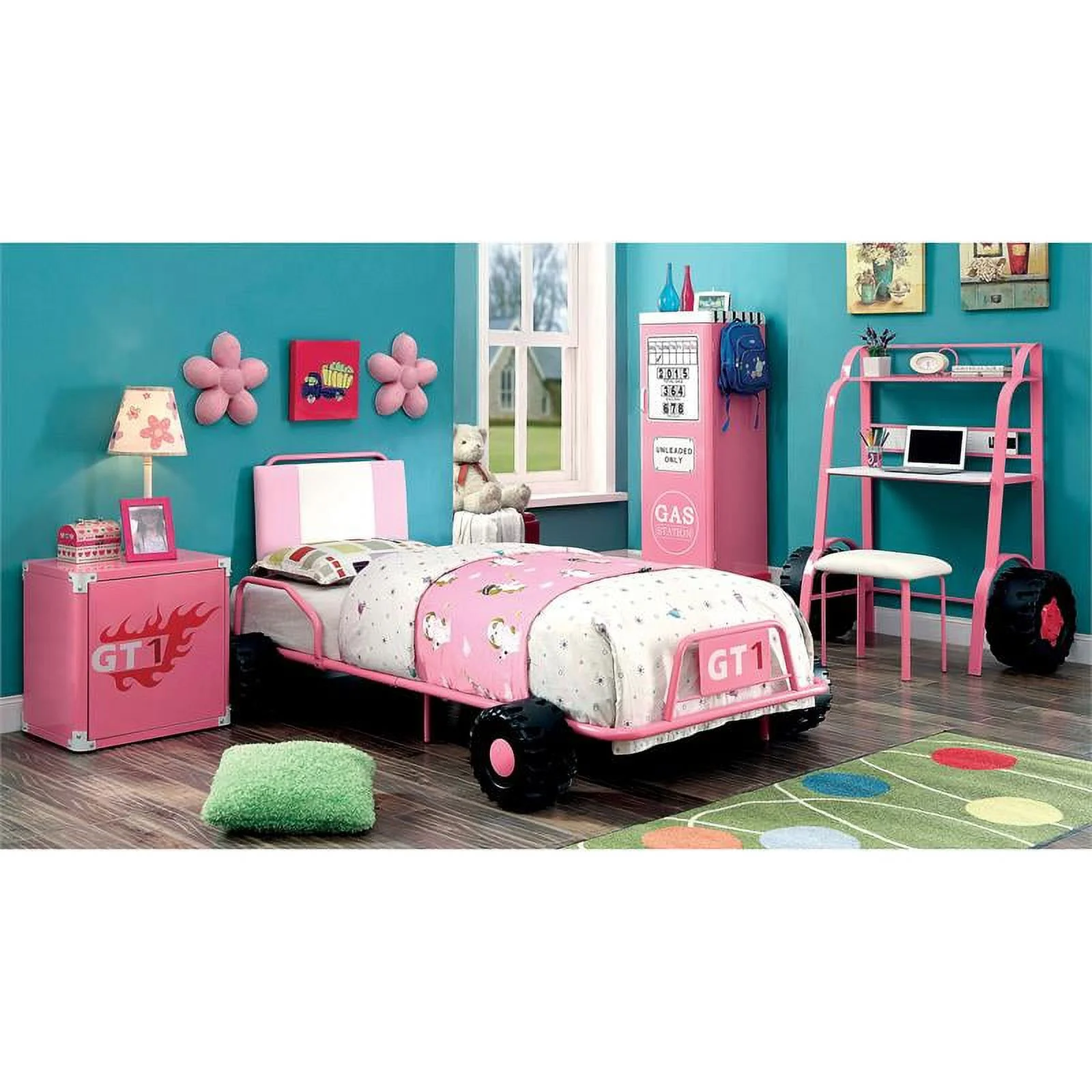 FOA Ramirez 4pc Pink Metal Youth Bedroom Set - Twin+Nightstand+Closet+Desk